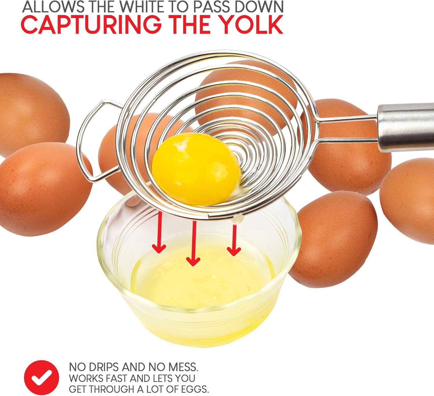Allows the white to pass down capturing the yolk.

No drips and no mess. Works fast and lets you get through a lot of eggs.