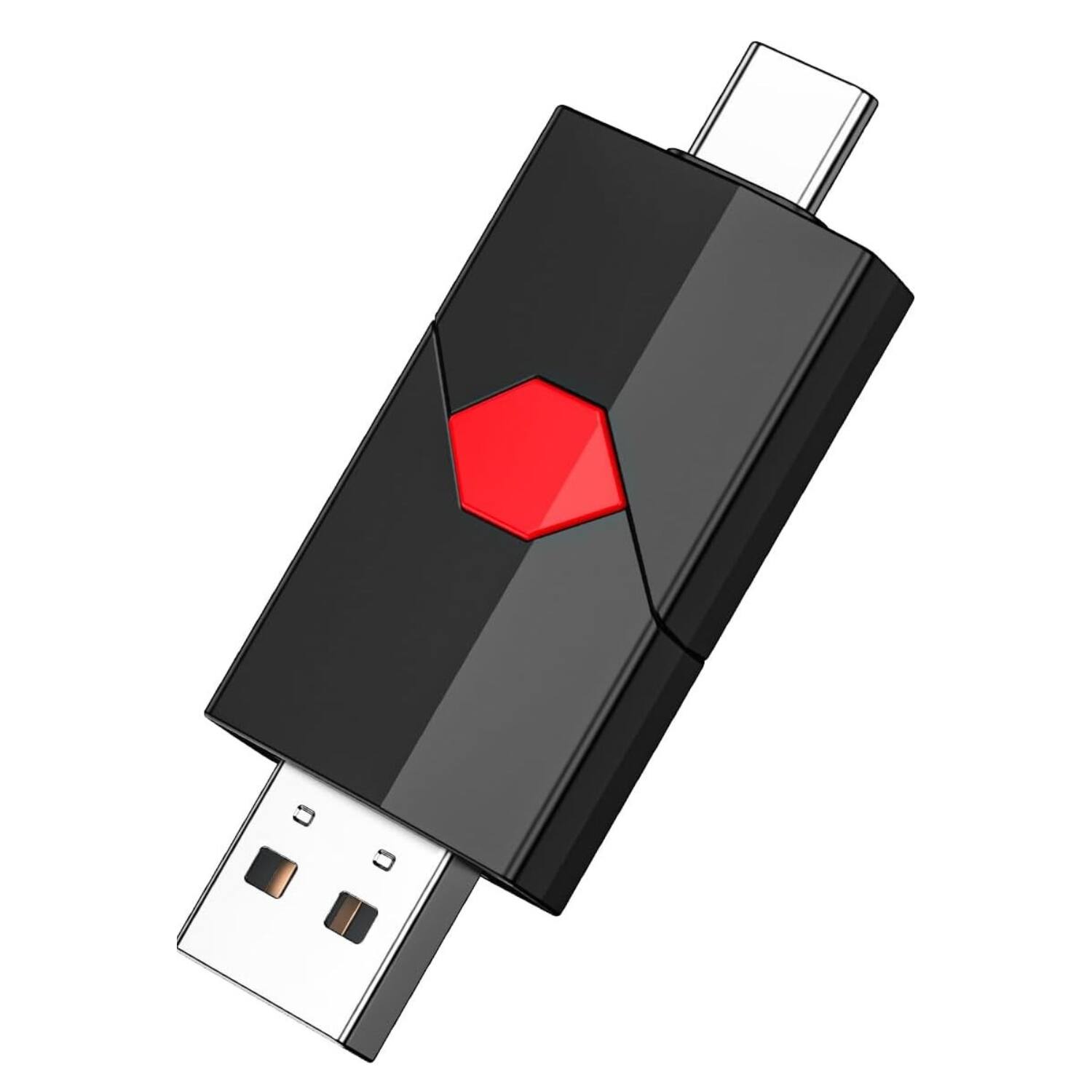 Front. Stock Preferred - 128GB Retractable USB-C & USB-A Flash Drive – Dual Port Memory Stick - Red.