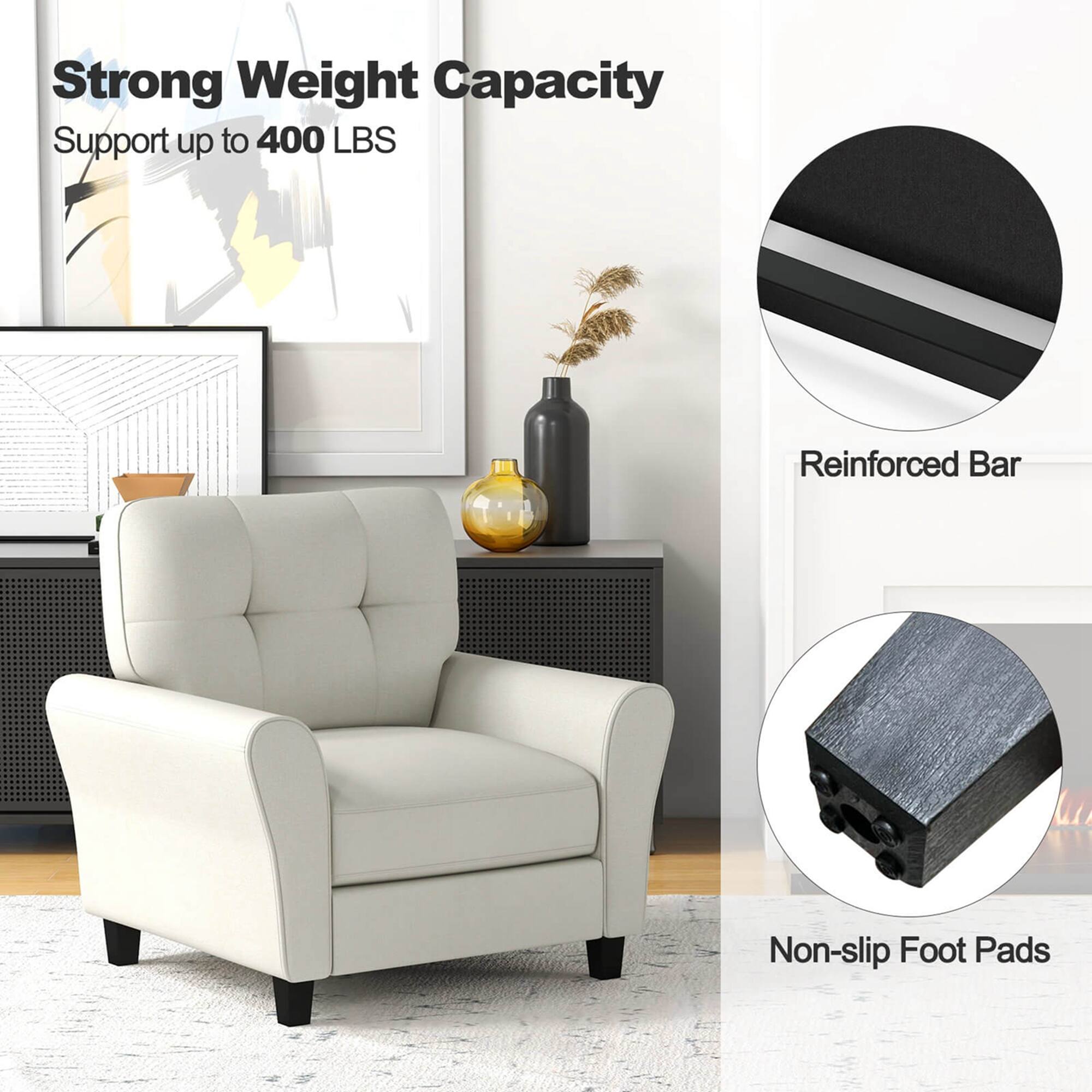 The text on the image is grouped and corrected as follows:

"Strong Weight Capacity: Support up to 400 LBS. Reinforced Bar: Non-slip Foot Pads."