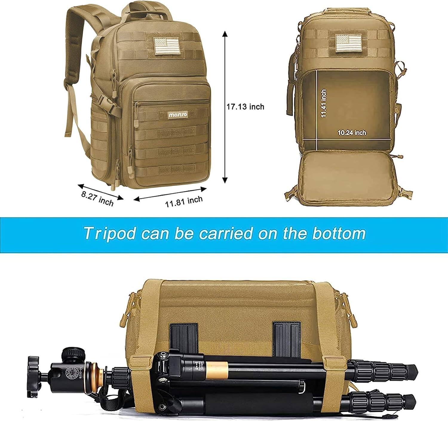 Moro 17.13 inch, 11.41 inch, 10.24 inch, 8.27 inch, 11.81 inch. Tripod can be carried on the bottom.