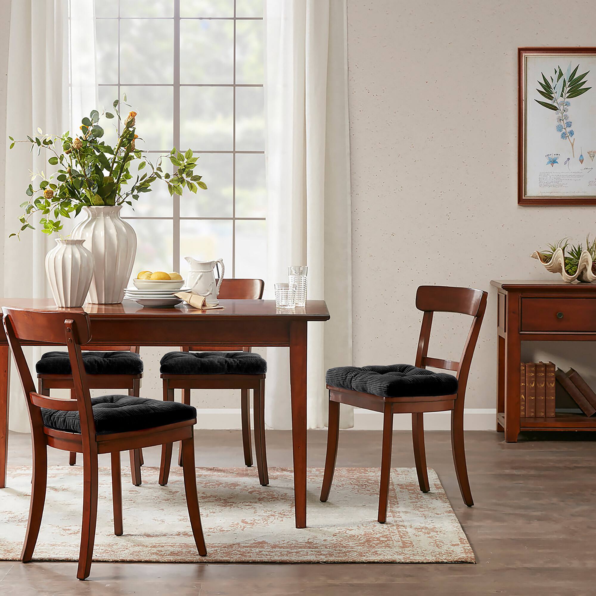 Left. Sweet Home Collection - Crushed Memory Foam Tufted Chair Cushion Non Slip Microdot Rubber Back, 6-Pack - Black.