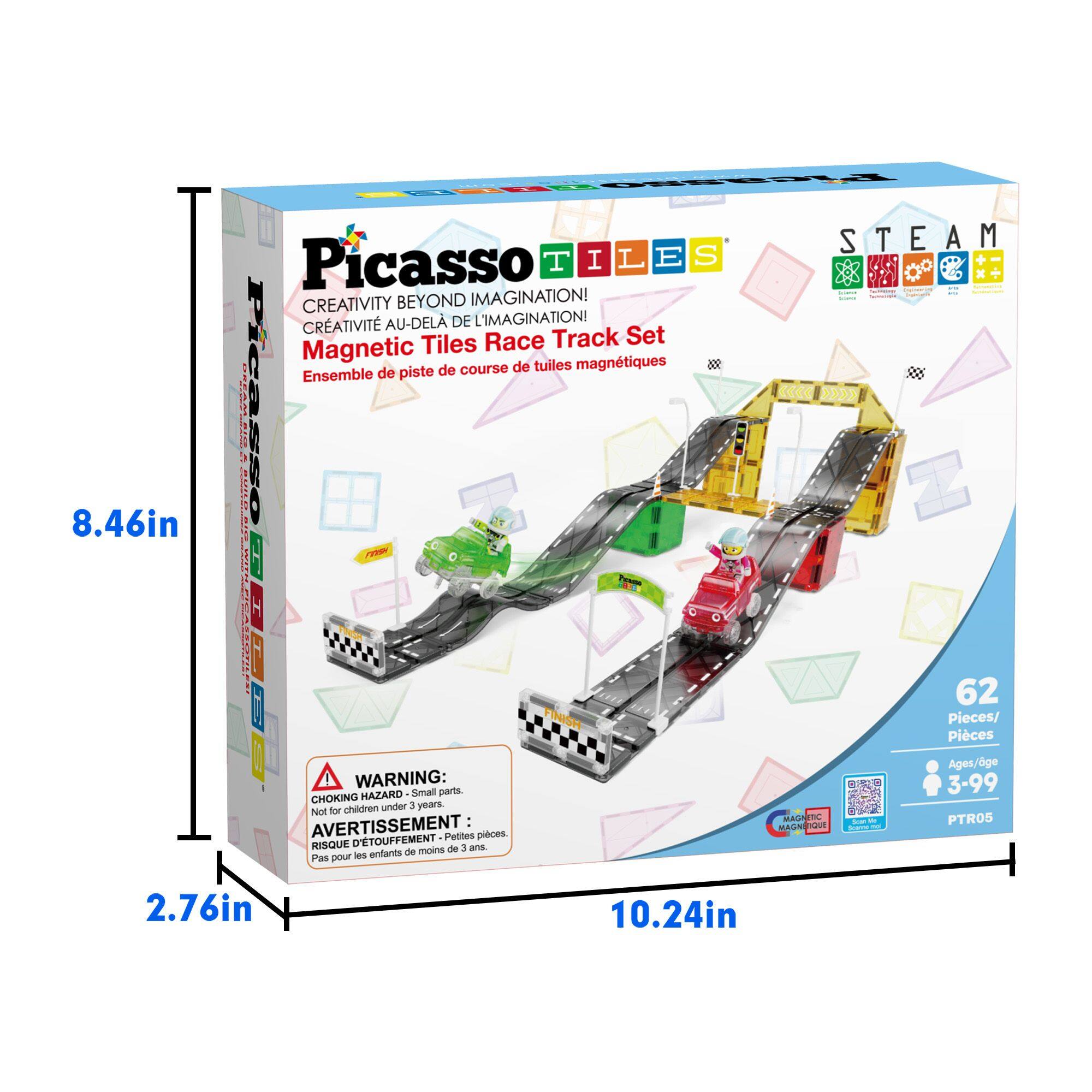 8.46in Picasso TILES CREATIVITY BEYOND IMAGINATION! CRÉATIVITÉ AU-DELÀ DE L'IMAGINATION Magnetic Tiles Race Track Set tuiles magnétiques de course de Ensemble piste RAN : Picasso F STEAM WARNING: HAZARD Small parts. CHOKING HAZARD: Small parts. Not for children under 3 years. Avertissement : RISQUE DE DÉTOUFFEMENT Petites pièces. Pas pour les enfants de moins de 3 ans. 62 Pieces/ Pièces Ages/dge 3-99 PTROS 2.76in 10.24in