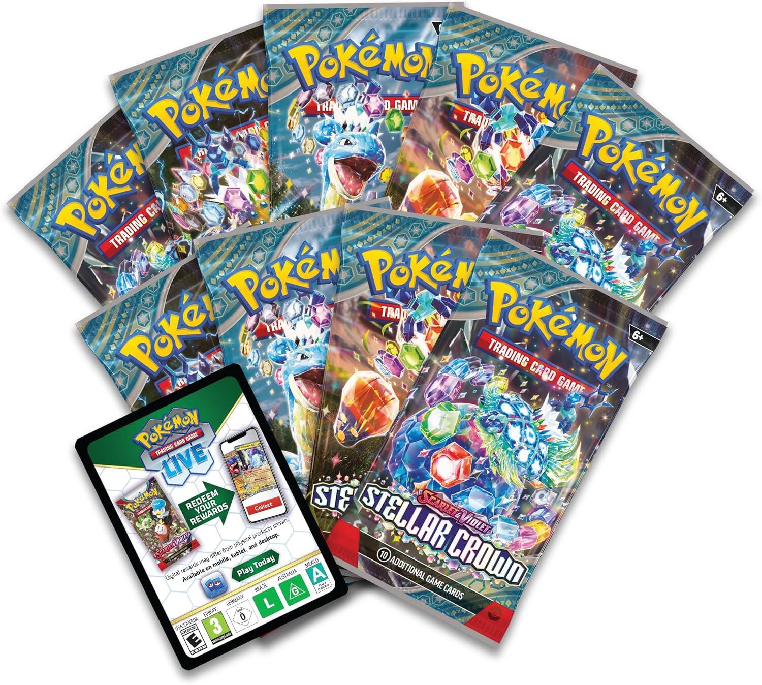 Pokémon Trading Card Game  
6+  
Stellar Crown  
Scarlet & Violet  
Additional Game Cards  

Pokémon Live  
Redeem Your Rewards  
Collect, trade, and deckbuild  
Available on mobile, tablet, and desktop  
Play Today  

Scarlet & Violet  
Stellar Crown  
Pokémon Trading Card Game