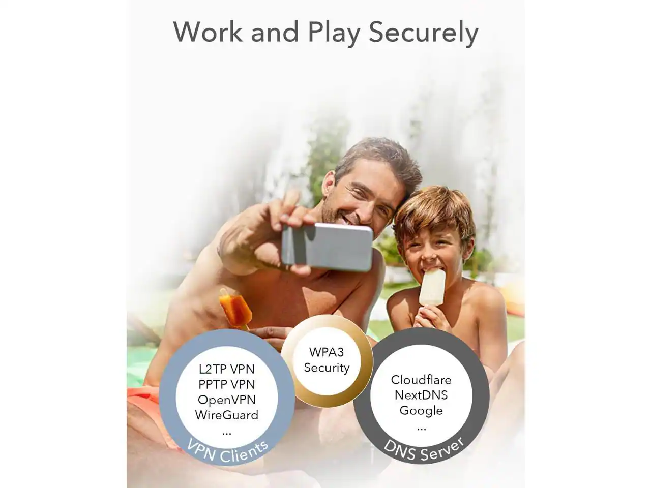 Work and Play Securely

- L2TP VPN
- PPTP VPN
- OpenVPN
- WireGuard
- ... VPN Clients

- WPA3 Security

- Cloudflare
- NextDNS
- Google
- ... DNS Server