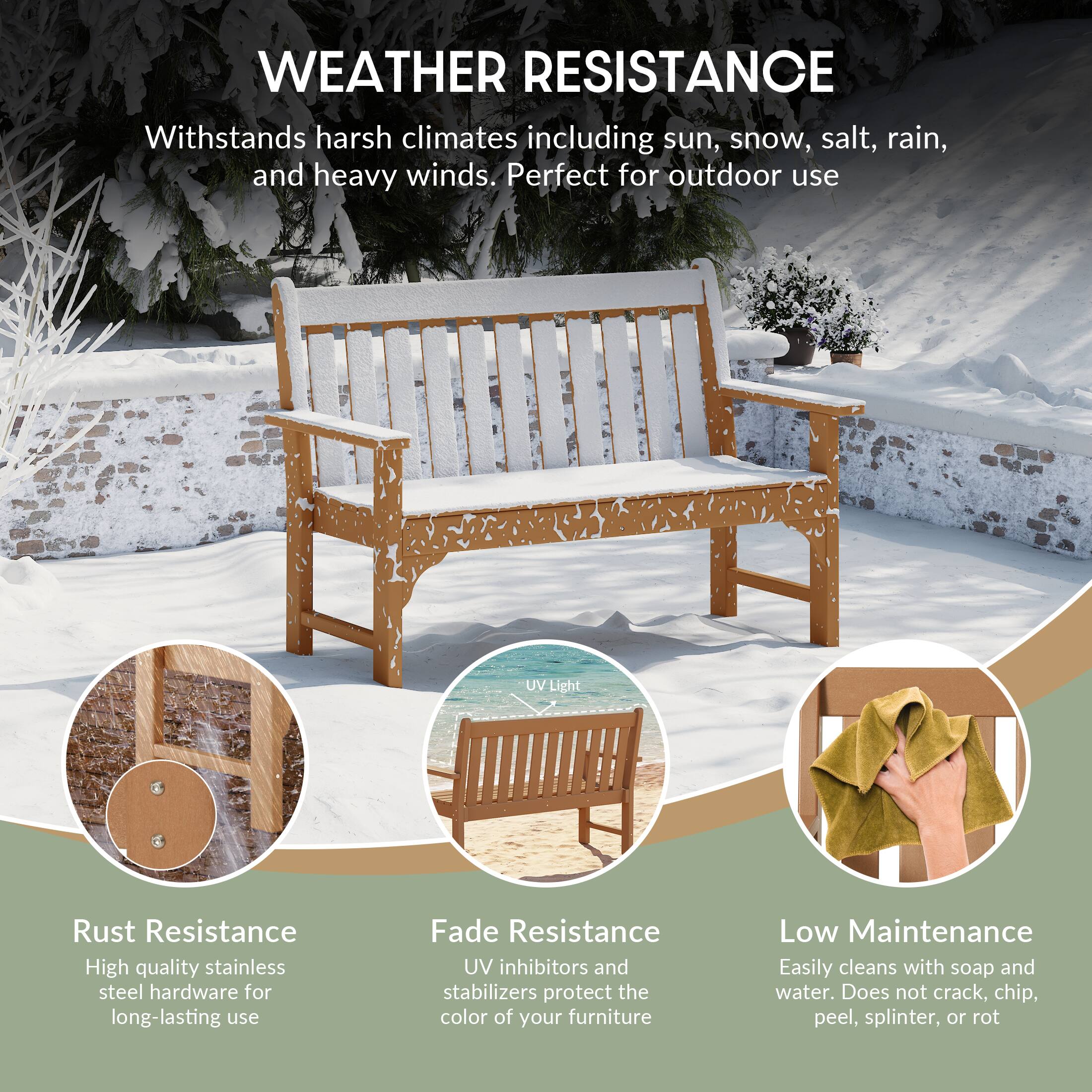 WEATHER RESISTANCE  
Withstands harsh climates including sun, snow, salt, rain, and heavy winds. Perfect for outdoor use

UV V Light

Rust Resistance  
High quality stainless steel hardware for long-lasting use

Fade Resistance  
UV inhibitors and stabilizers protect the color of your furniture

Low Maintenance  
Easily cleans with soap and water. Does not crack, chip, peel, splinter, or rot