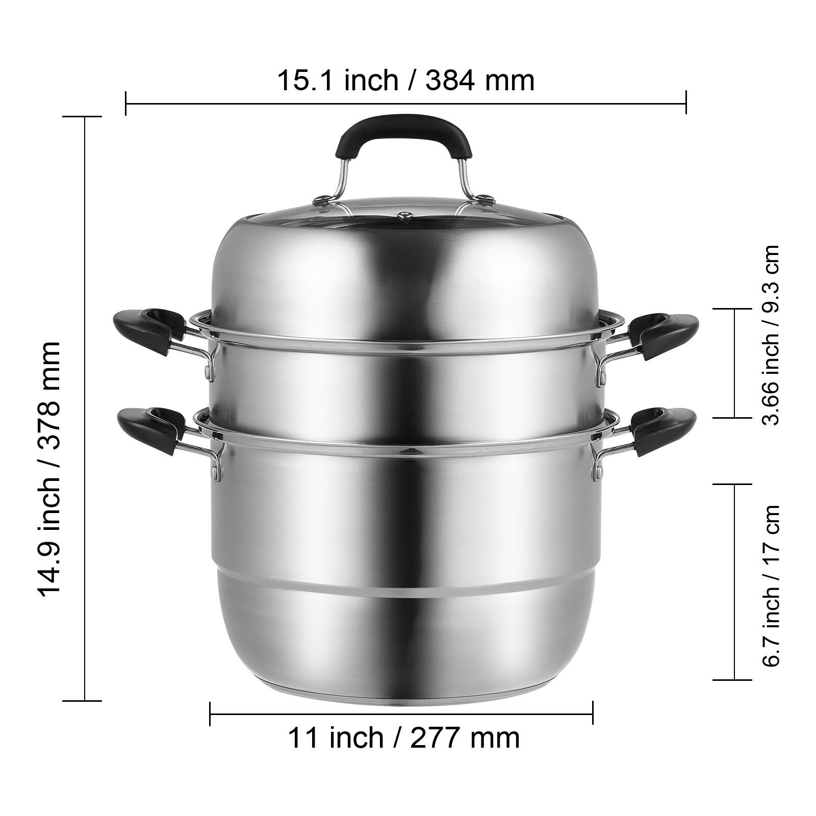 15.1 inch / 384 mm, 14.9 inch / 378 mm, 3.66 inch / 9.3 cm, 6.7 inch / 17 cm, 11 inch / 277 mm.