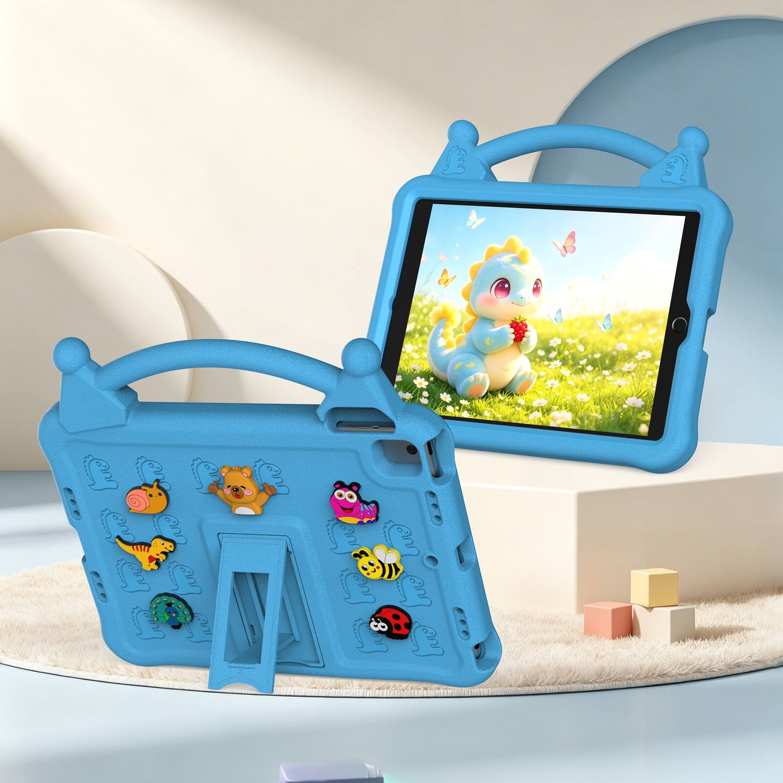 Angle. UUCOVER - Kids Case for iPad 9th 8th 7th Generation 10.2-inch (2021/2020/2019) ,Shockproof EVA Case with Handle Kickstand Cover - Skyblue.