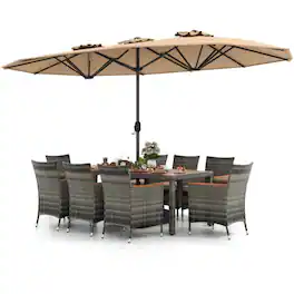 Mondawe - 10 Pieces Patio Wicker Dining Set with 15 Feet Double-Sided Patio Umbrella - Brown