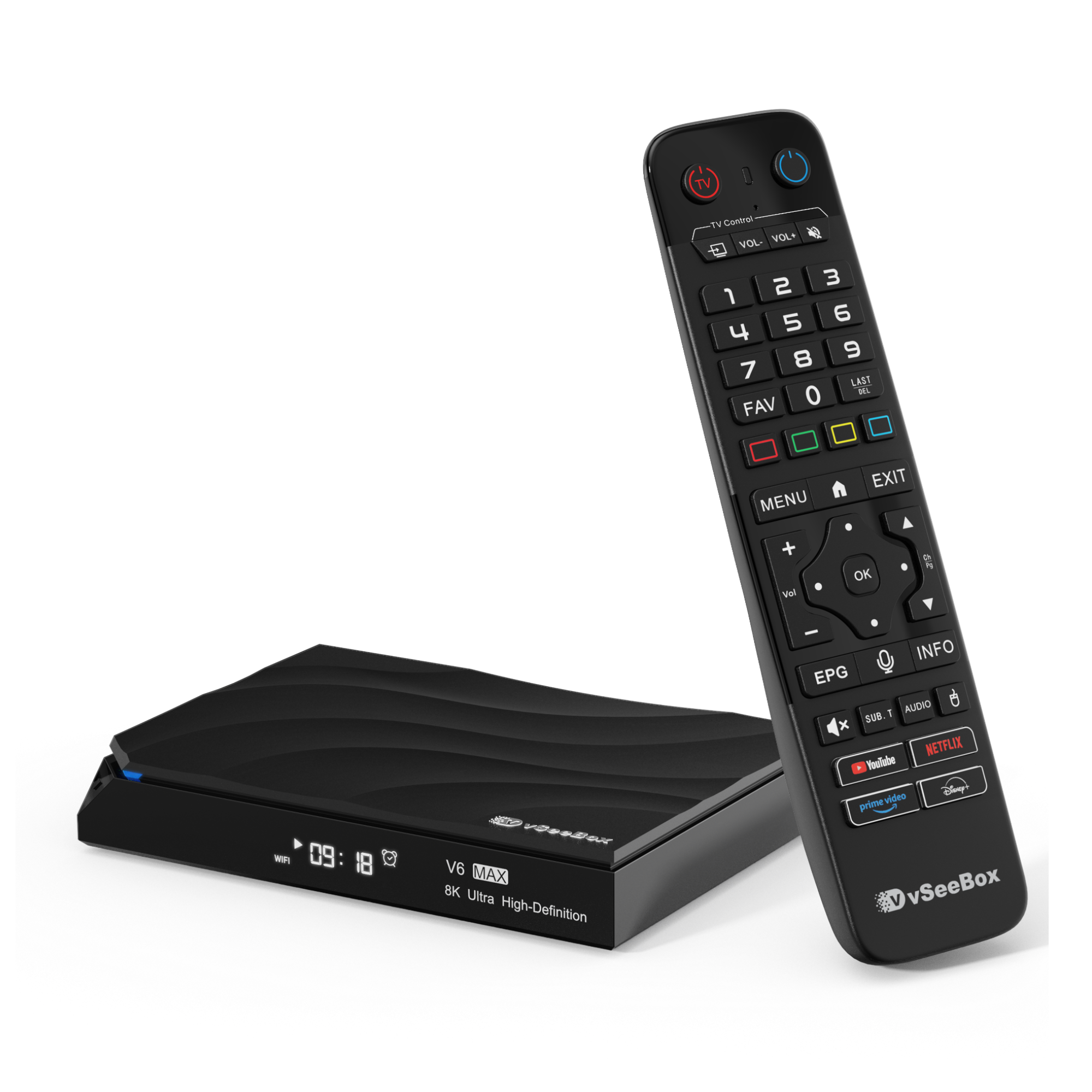 Sure, here is the corrected and grouped text from the image:

**Remote Control:**
- TV Control
- VOL VOL+
- 1 2 3
- 4 5 6
- 7 8 9
- FAV 0 LAST
- MENU EXIT
- OK
- EPG INFO
- SUBT AUDIO
- NETFLIX
- YouTube
- prime video
- Disney+
- vSeeBox

**Device:**
- V6 MAX
- 8K Ultra High-Definition
- 09:18
- WiFi