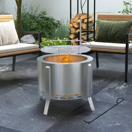 Front. Resenkos - 2-in-1 Smokeless Fire Pit BBQ Grill Portable Camping Bonfire Stove with Poker, Steel, Silver.