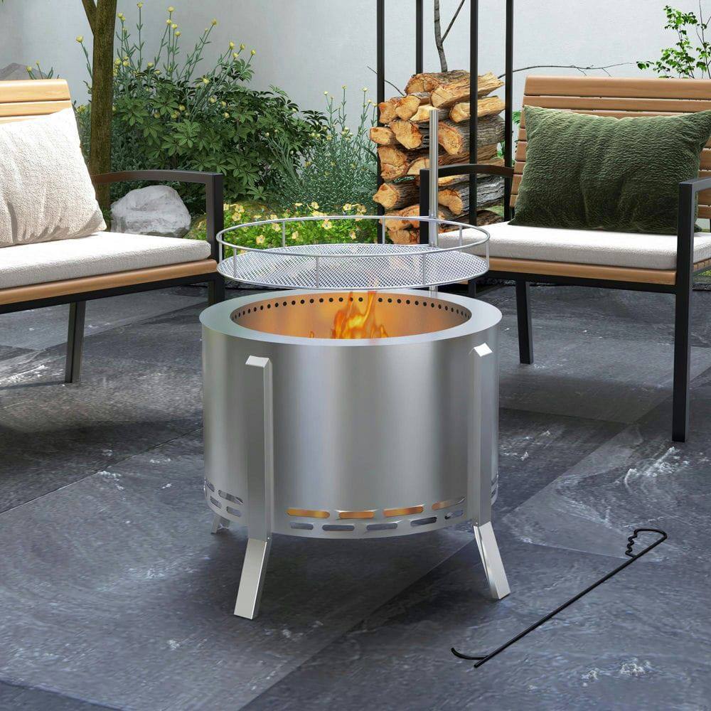 Front. Resenkos - 2-in-1 Smokeless Fire Pit BBQ Grill Portable Camping Bonfire Stove with Poker, Steel, Silver.