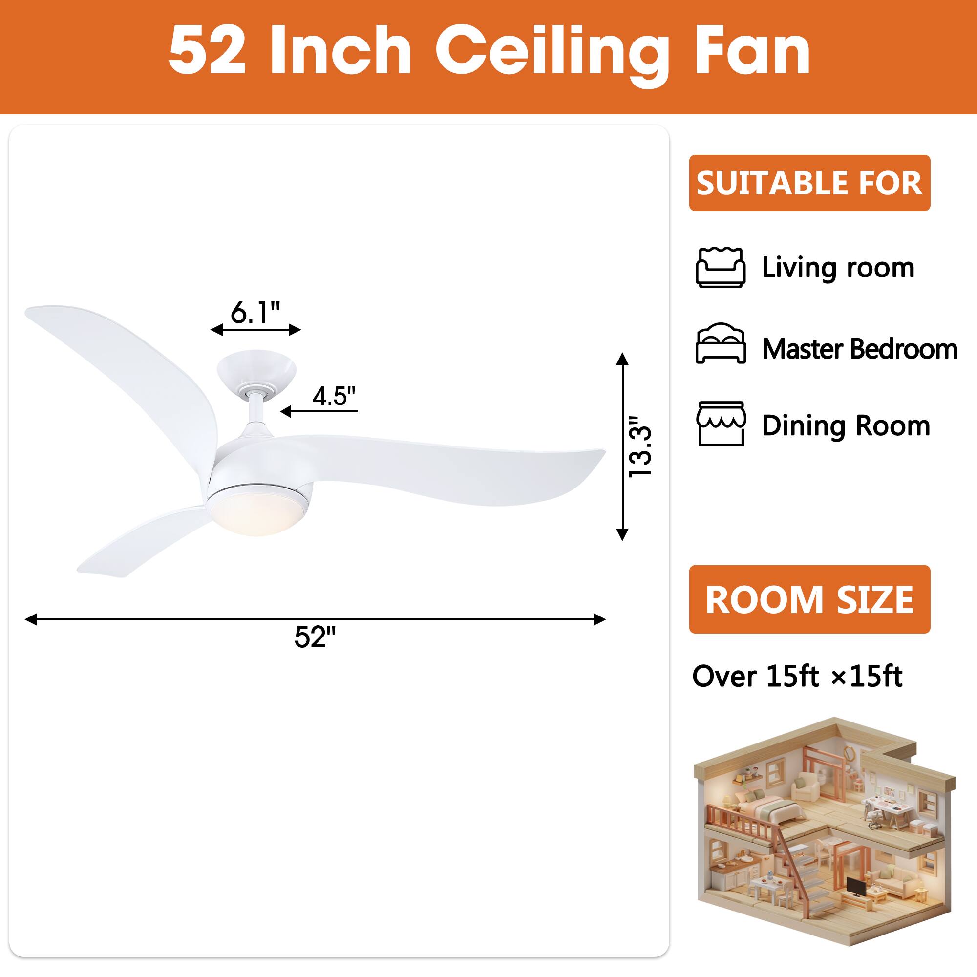 52 Inch Ceiling Fan

SUITABLE FOR
- Living room
- Master Bedroom
- Dining Room

ROOM SIZE
Over 15ft x 15ft