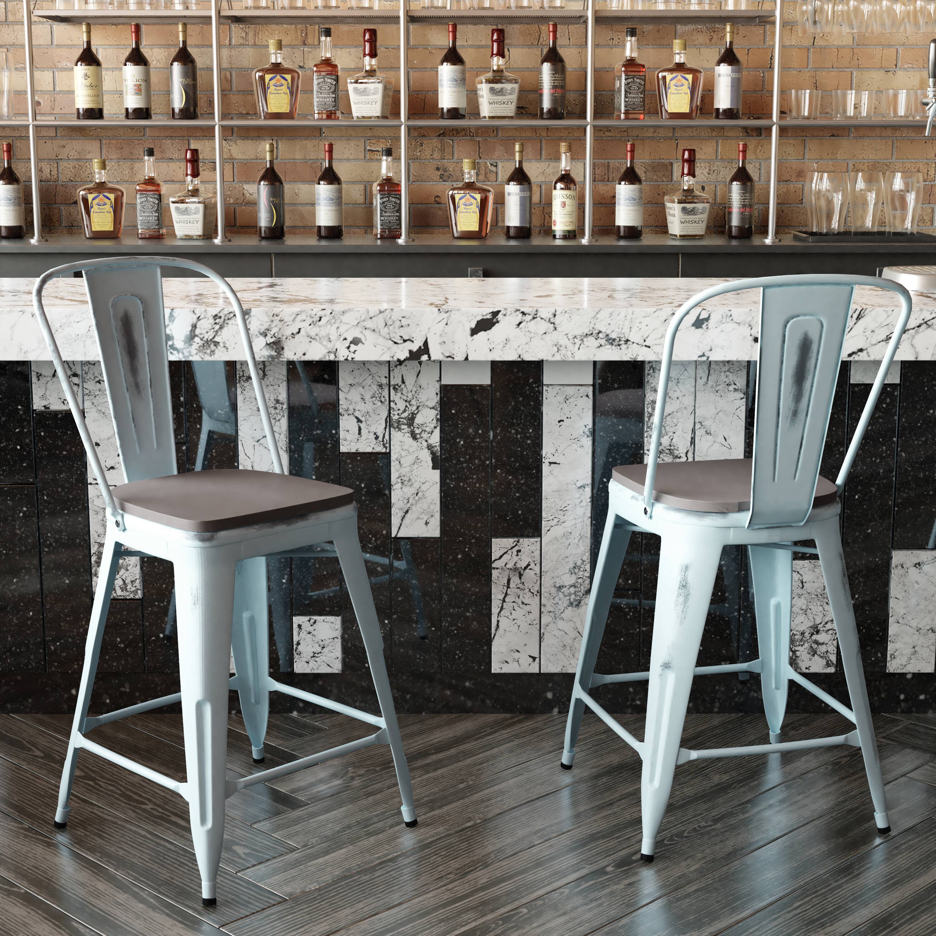 Alt View 3. Emma + Oliver - Nova Distressed Metal Stools with Backs and Polystyrene Seats for Indoor/Outdoor Use - Gray Seat/Green-Blue Frame.