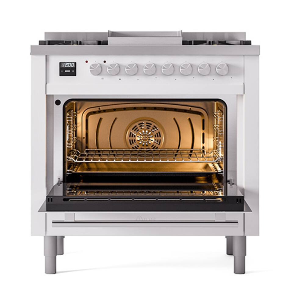 Alt View 4. ILVE - ILVE Professional Plus II Series 36 in. Dual Fuel Range with 6 Sealed Burners + Griddle (Liquid Propane, Satin Trim) - White.