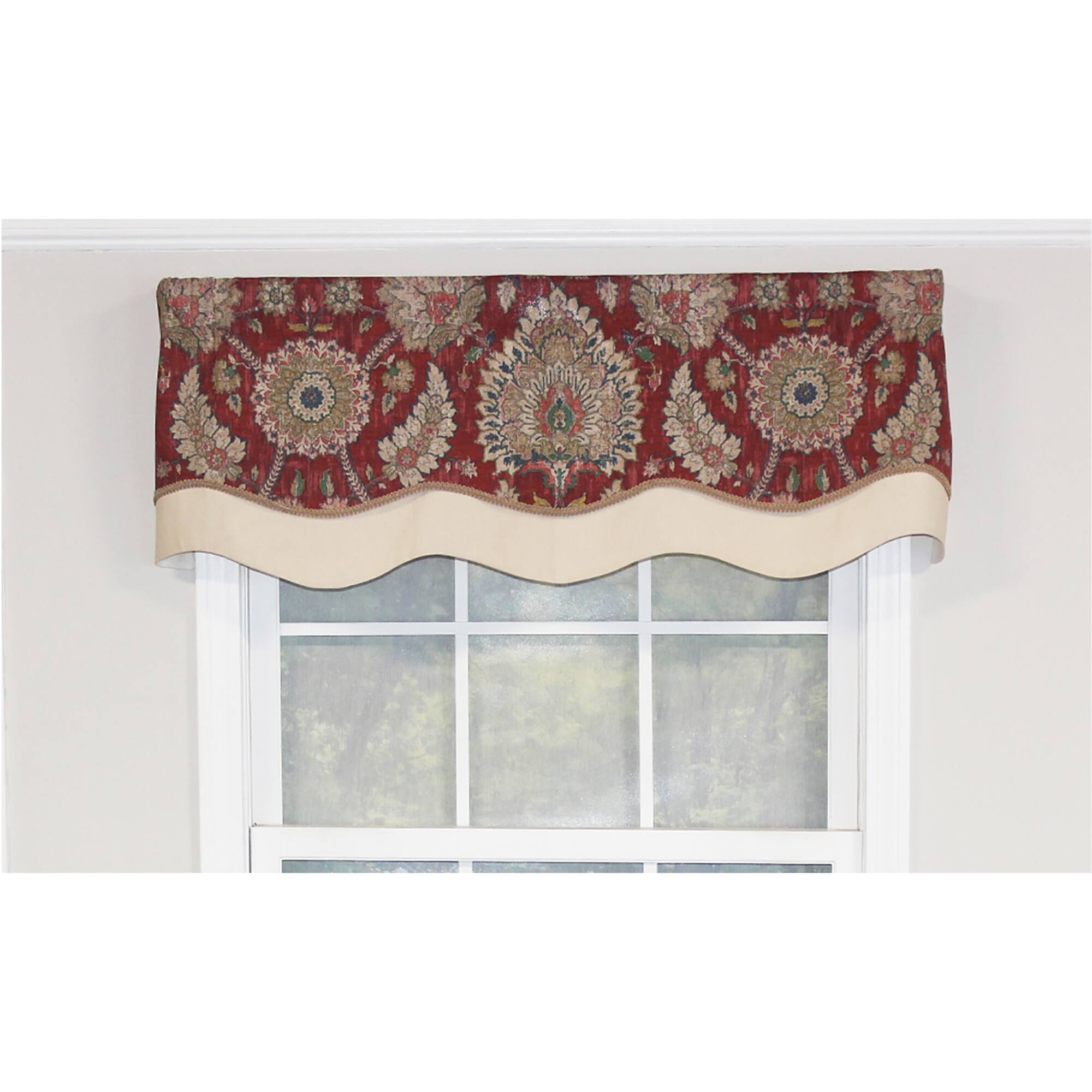 Angle. RLF Home - RLF Home Wakeshire Glory Valance Garnet. 3" Rod Pocket, Layered, Trimmed. 50" x 16" - Garnet.