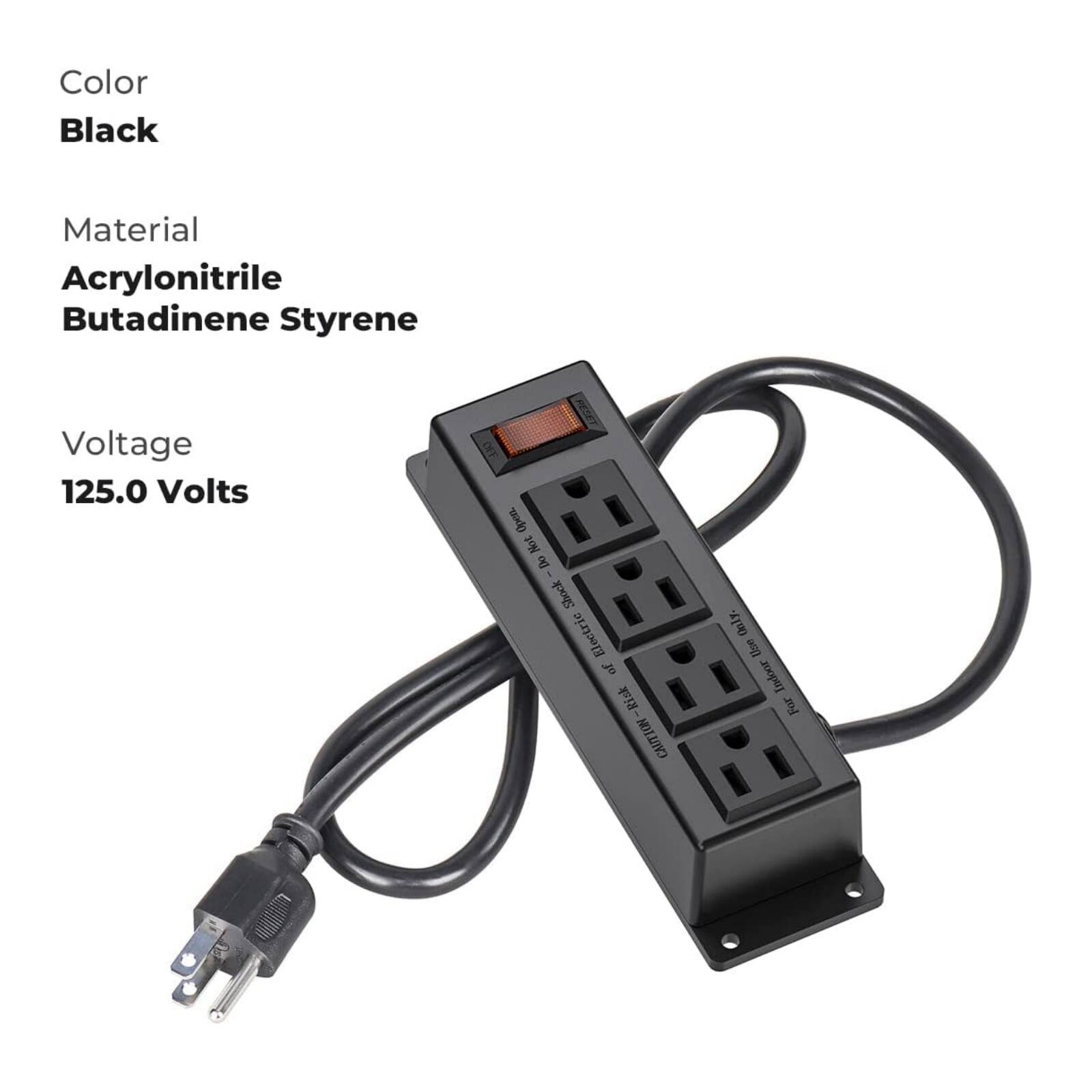 Color: Black  
Material: Acrylonitrile Butadiene Styrene  
Voltage: 125.0 Volts  

CAUTION: Do not open.  
For indoor use only.