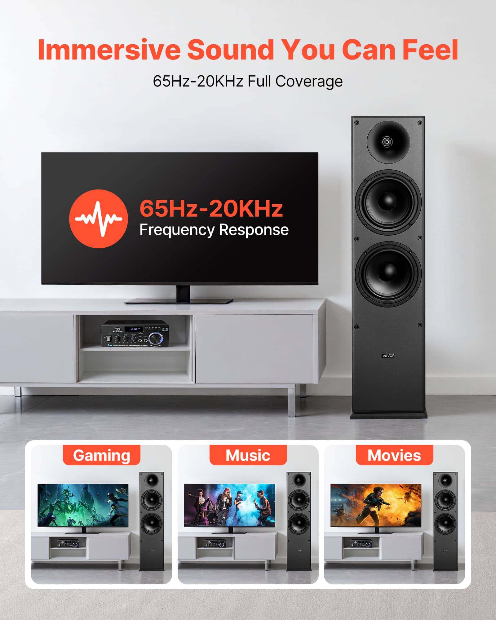 Immersive Sound You Can Feel
65Hz-20KHz Full Coverage
65Hz-20KHz Frequency Response
Gaming
Music
Movies