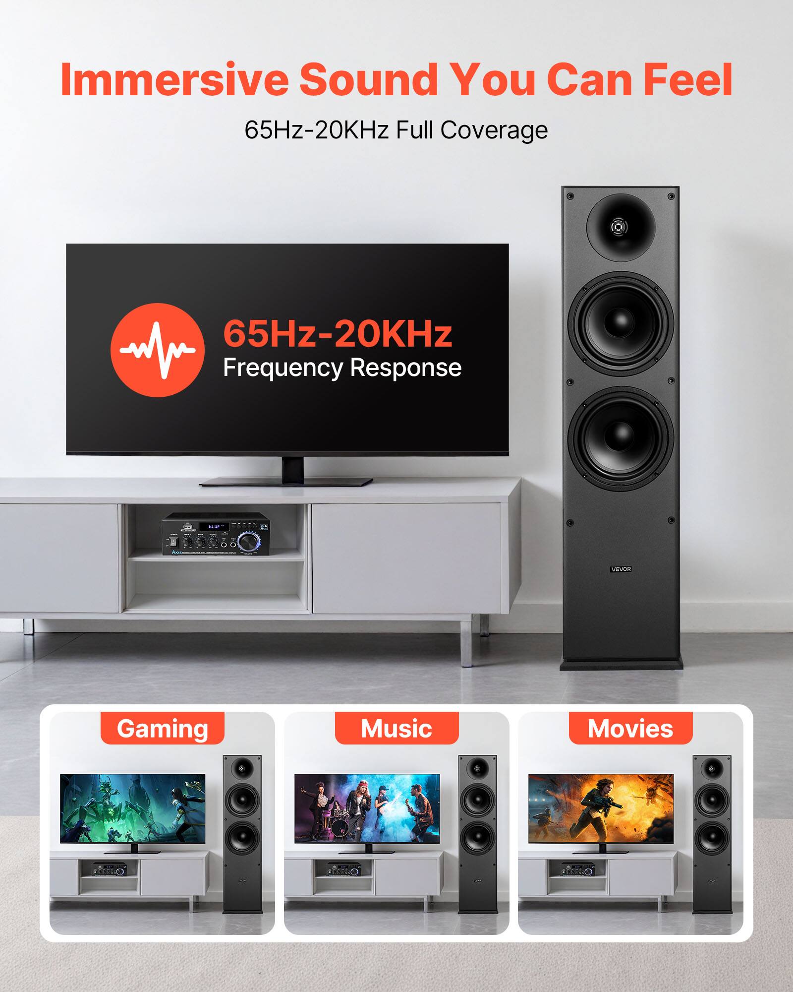 Immersive Sound You Can Feel  
65Hz-20KHz Full Coverage  

65Hz-20KHz Frequency Response  

Gaming  
Music  
Movies
