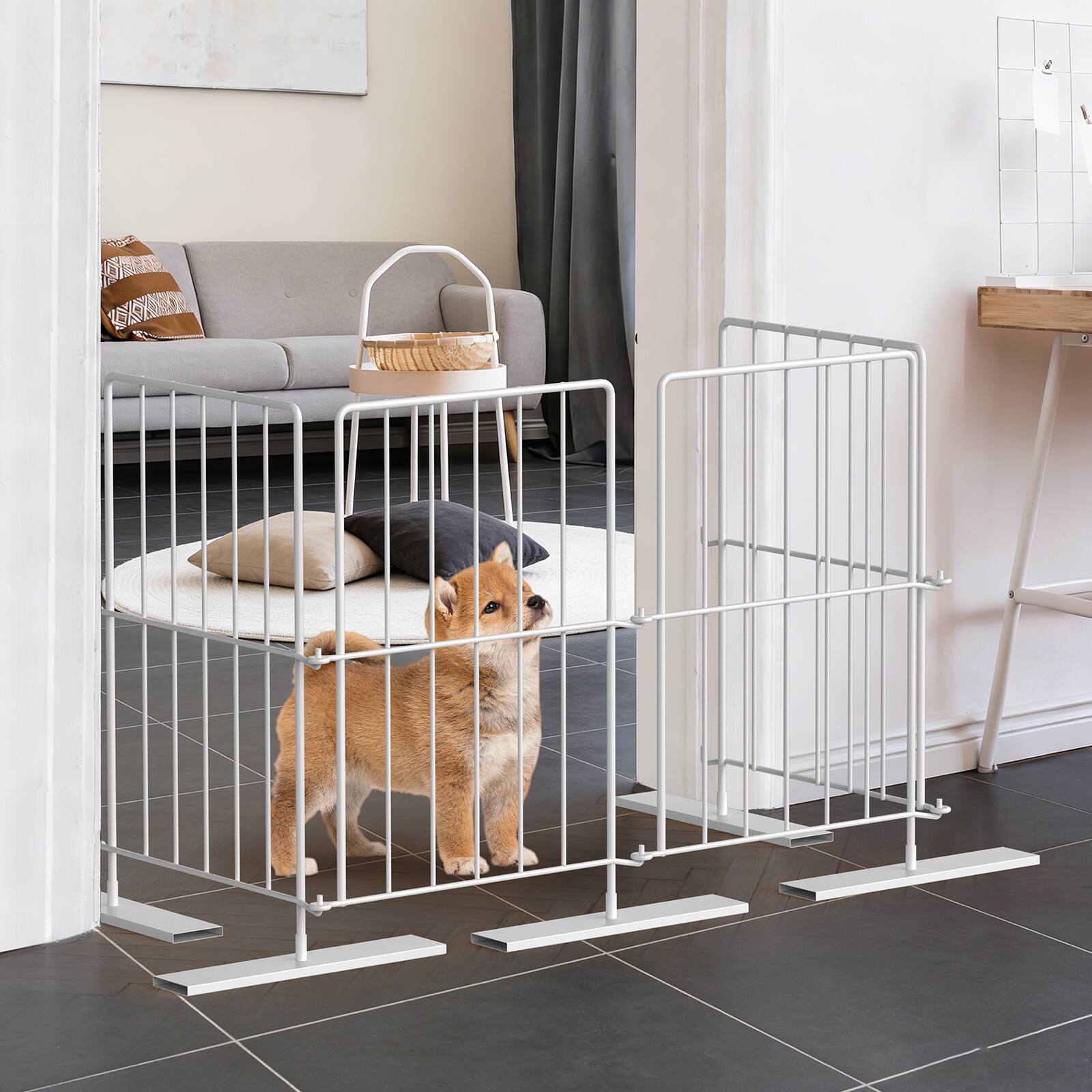 Angle. Oumilen - 4 Panels Expandable Metal Dog Gate, Freestanding Foldable Pet Barrier Fence for Small, White - White.