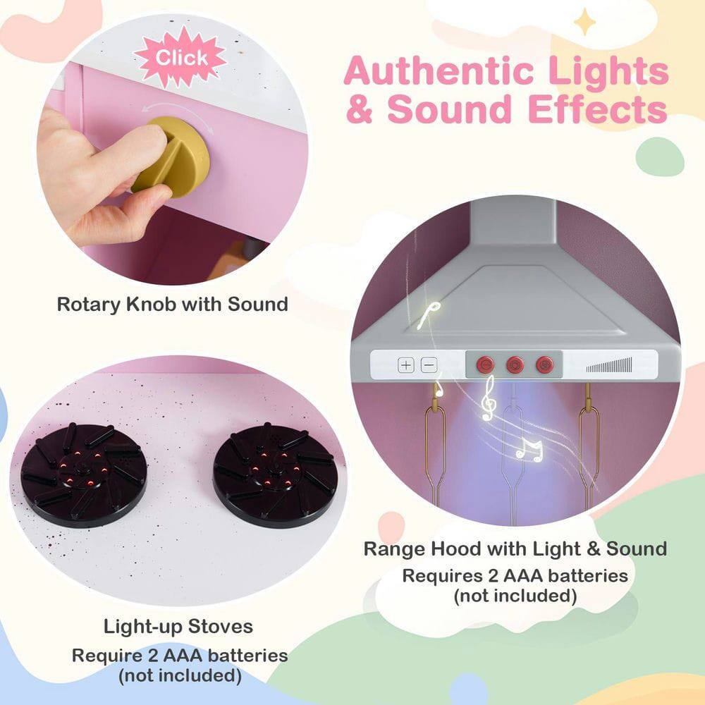 Click Authentic Lights & Sound Effects Rotary Knob with Sound + Light-up Stoves Require 2 AAA batteries (not included) Range Hood with Light & Sound Requires 2 AAA batteries (not included)
