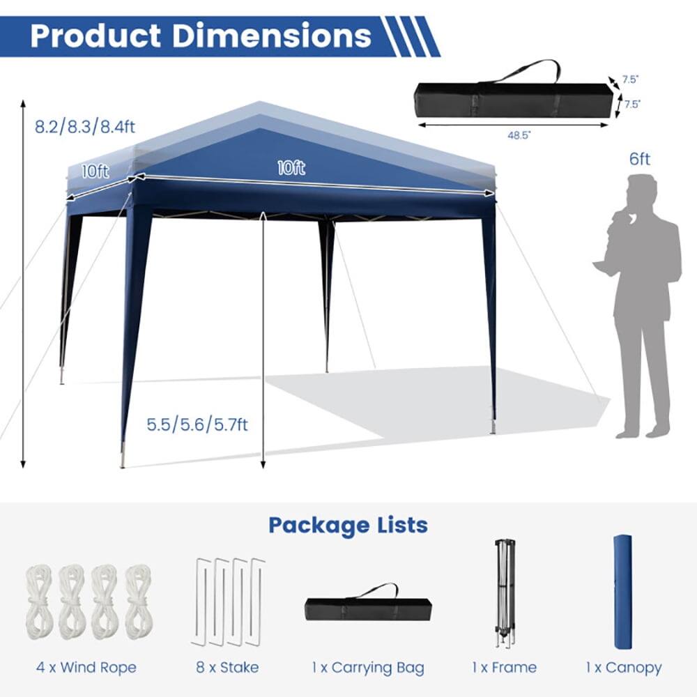 Product Dimensions: 7.5" x 8.2/8.3/8.4ft x 10ft x 10ft x 48.5" x 7.5" x 6ft x 5.5/5.6/5.7ft

Package Lists: 
- 4 x Wind Rope
- 8 x Stake
- 1 x Carrying Bag
- 1 x Frame
- 1 x Canopy