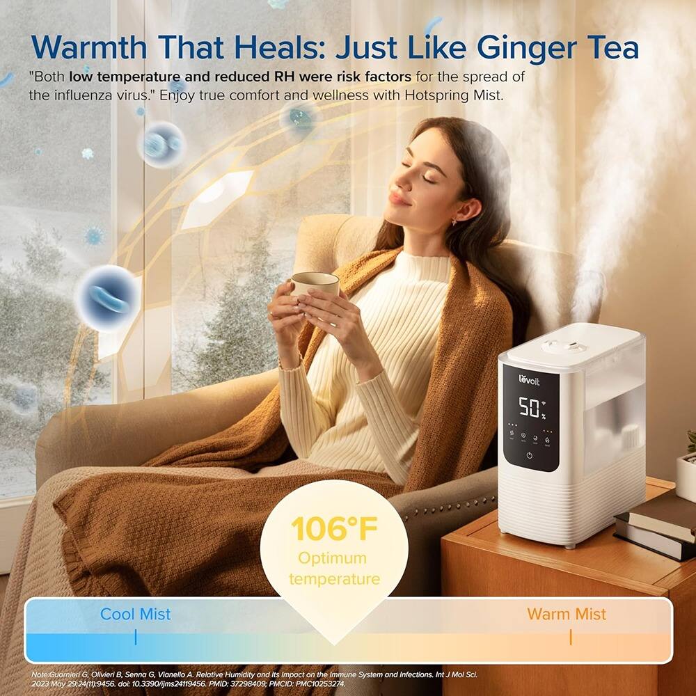 Warmth That Heals: Just Like Ginger Tea

"Both low temperature and reduced RH were risk factors for the spread of the influenza virus." Enjoy true comfort and wellness with Hotspring Mist.

106°F Optimum temperature

Cool Mist Warm Mist

Note: Guoier C, Senna G, Vianello A. Relative Humidity and its Impact on the Immune System and Infections. Int J Mol Sci. 2023 May 29;24(11):9456. doi: 10.3390/ijms24119456. PMID: 37298409 PMCID: PMC10253274