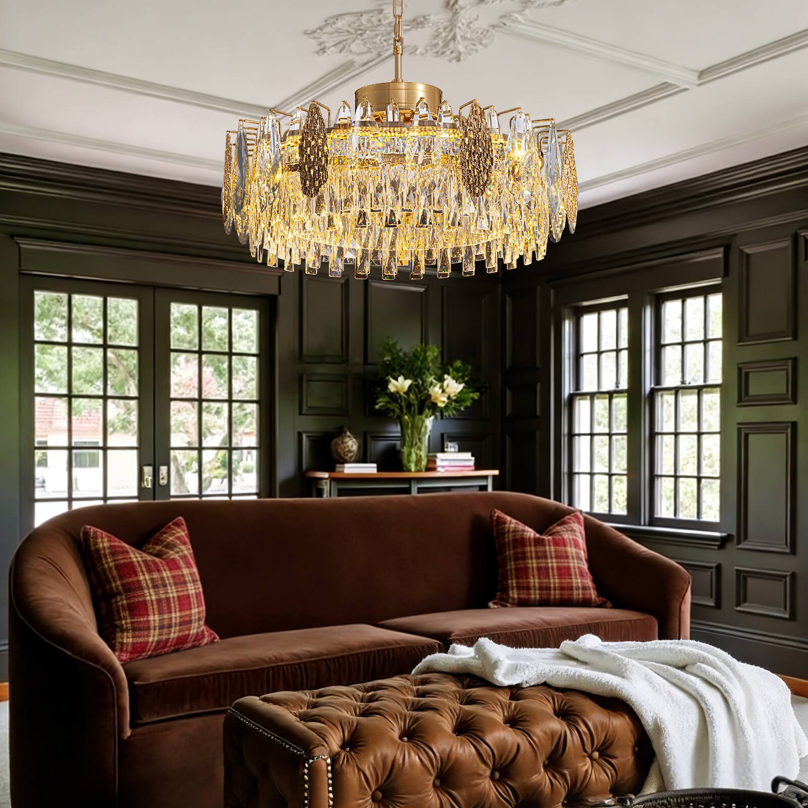 Back. Siljoy - 23.6" Gold K9 Crystal Chandelier, Modern French Dimmable LED Pendant Light for Dining Kitchen Living Room - Gold.