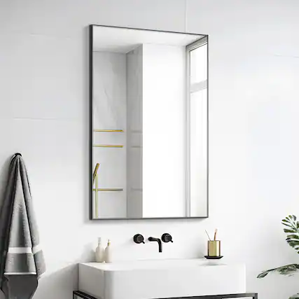 Front. PexFix - 31 in. W x 24 in. H Rectangular Metal Framed Bathroom Wall Mirror for Bathroom & Grooming, Set of 2 - Black.