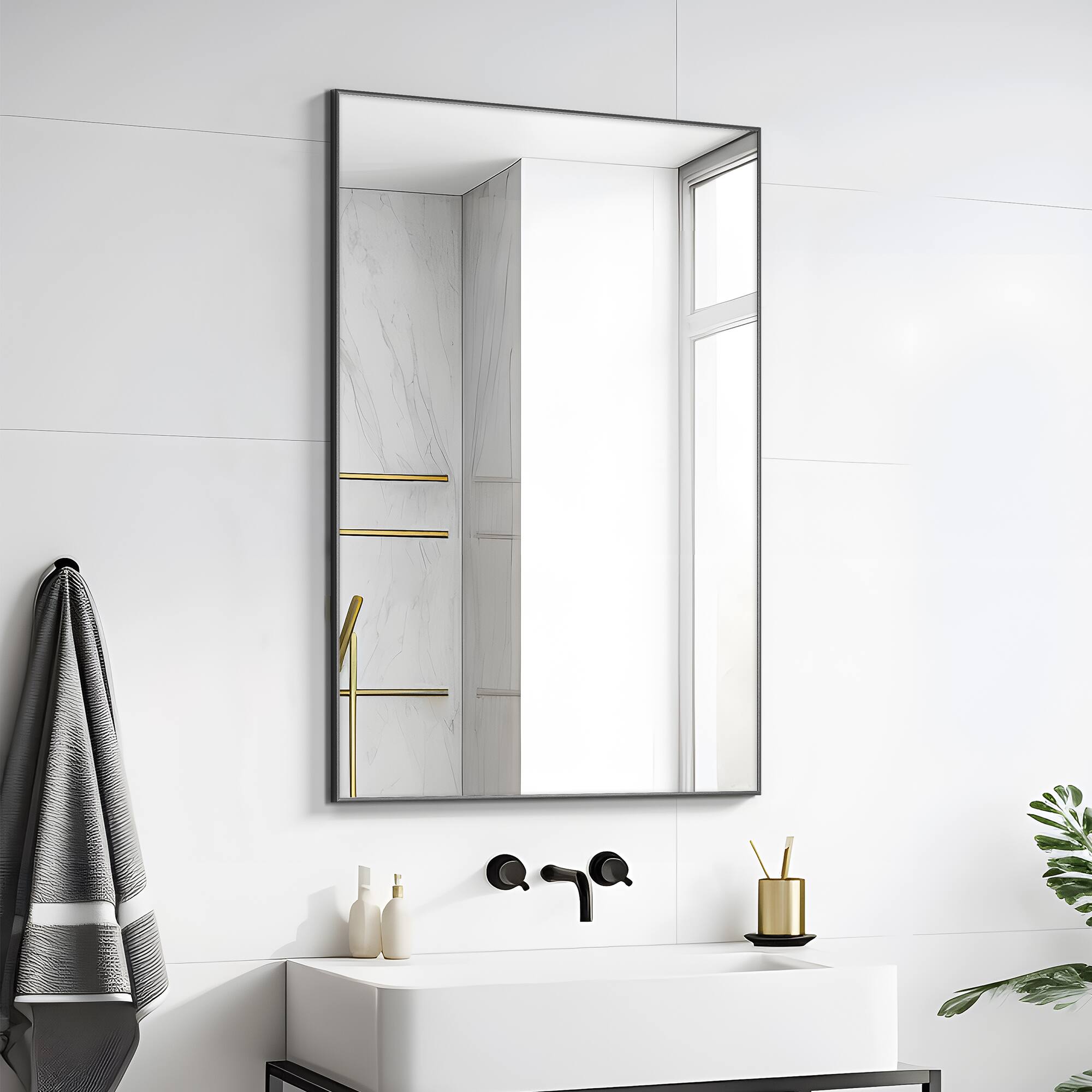 Front. PexFix - 31 in. W x 24 in. H Rectangular Metal Framed Bathroom Wall Mirror for Bathroom & Grooming, Set of 2 - Black.
