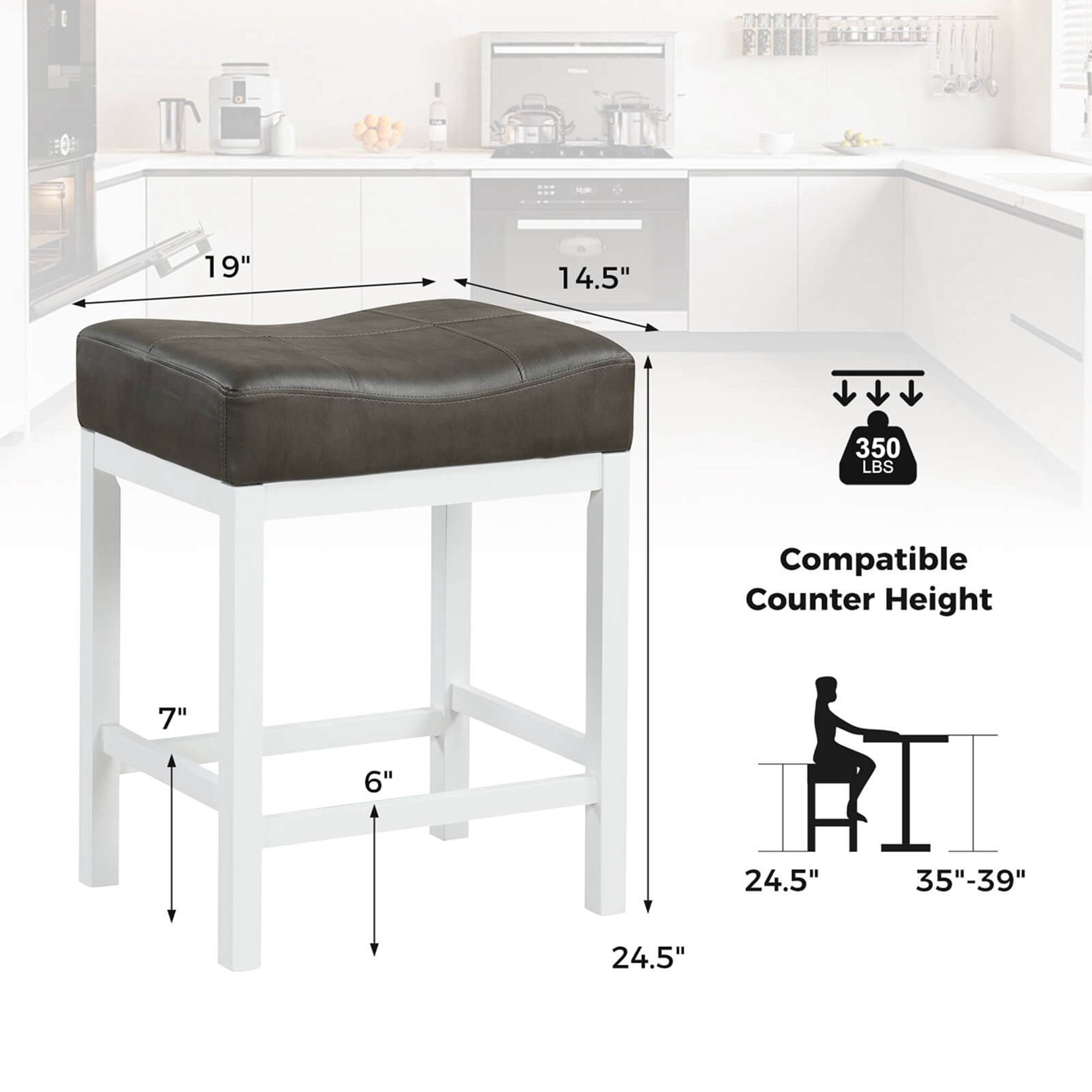 - 19"
- 14.5"
- 350 LBS
- Compatible Counter Height
- 7"
- 6"
- 24.5"
- 35"-39"
- 24.5"