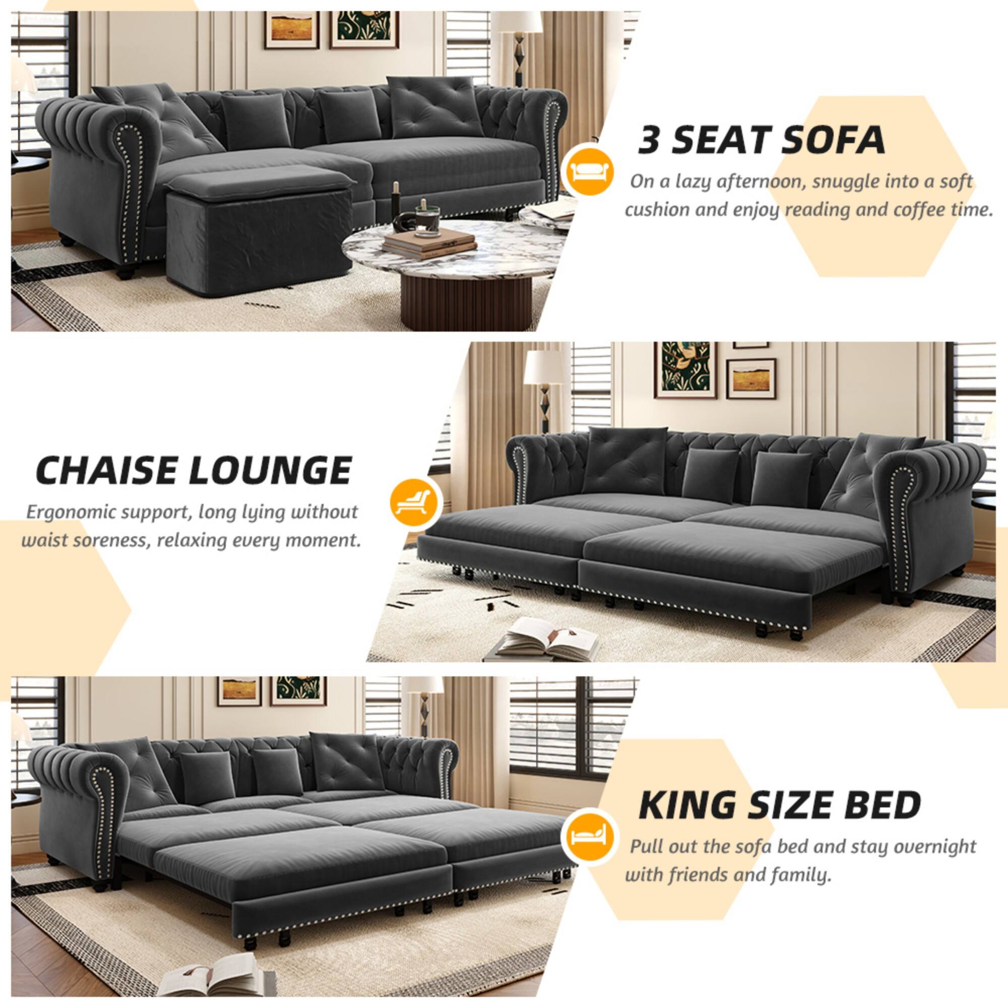 3 SEAT SOFA  
On a lazy afternoon, snuggle into a soft cushion and enjoy reading and coffee time.  

CHAISE LOUNGE  
Ergonomic support, long lying without waist soreness, relaxing every moment.  

KING SIZE BED  
Pull out the sofa bed and stay overnight with friends and family.