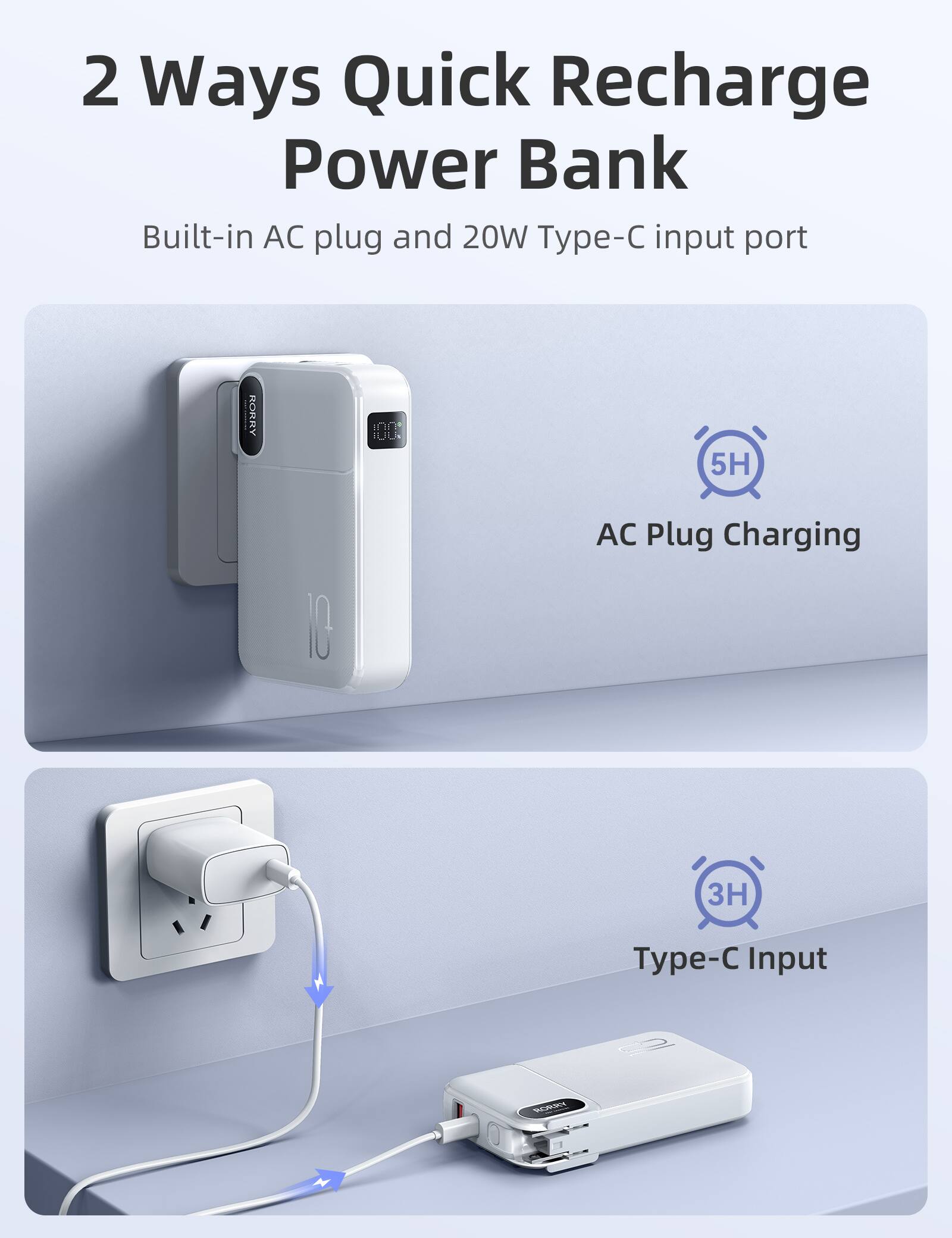 2 Ways Quick Recharge Power Bank  
Built-in AC plug and 20W Type-C input port  

KOKKY  
100%  
5H  
AC Plug Charging  
3H  
Type-C Input
