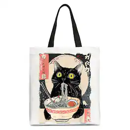 OrnamentallyYou - Kawaii Anime Cat Eating Ramen Canvas Tote Bag, Noodle Japanese Art Style Gift Bag - White Black