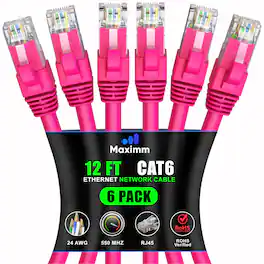 Maximm - Cat 6 Ethernet Cable 12 ft (6-Pack) - UTP, 10Gbps, 550MHz