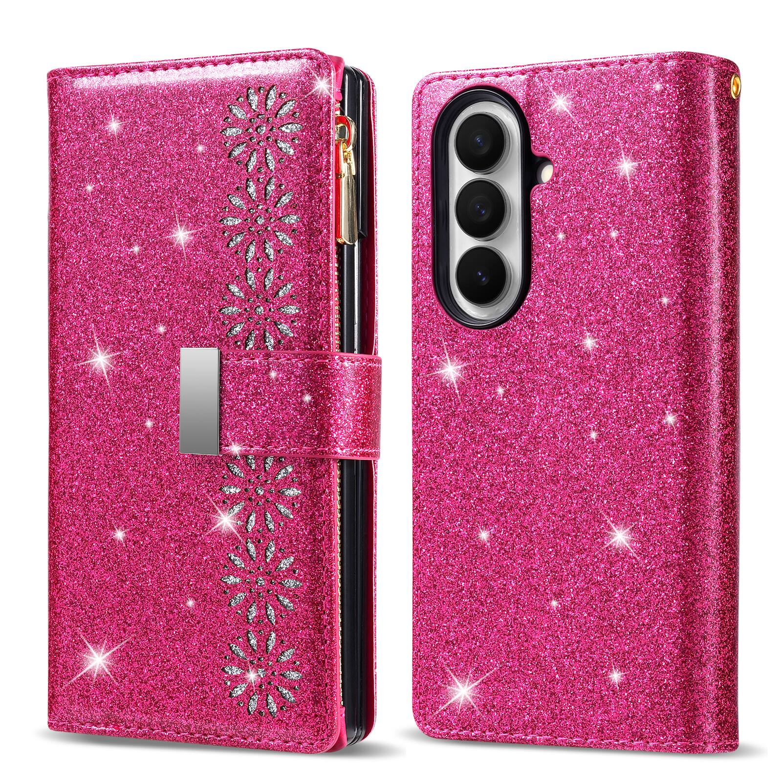 Alt View 2. Dteck - for Samsung Galaxy Z Fold8 Ultra Flip Zipper Wallet Case with 9 Card Slots,Shockproof TPU PU Leather Slim Cover+Lanyard - Rose.