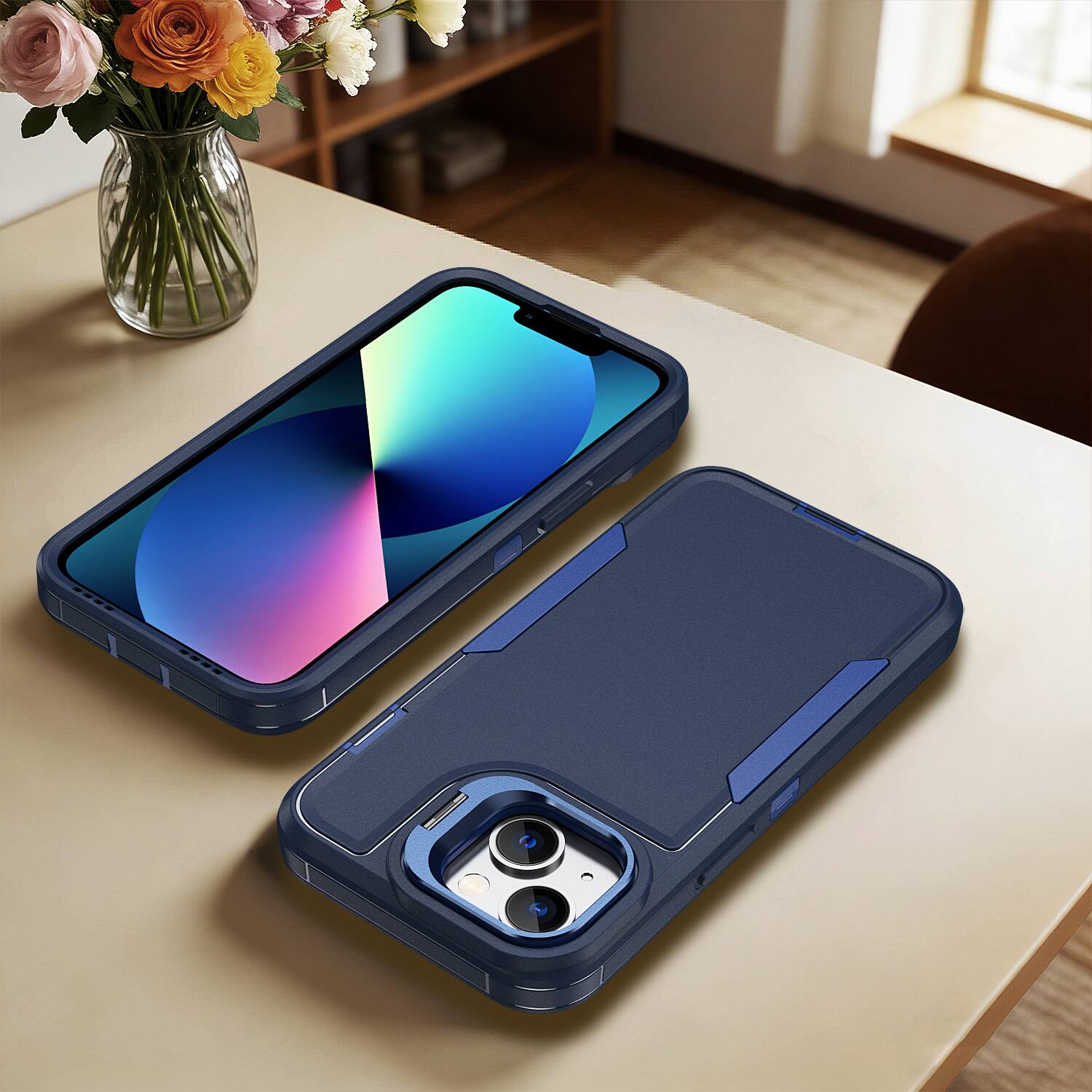 Alt View 4. Dteck - For Apple iPhone 17e/16e/14/13 Rugged Case, Heavy Duty Dual Layer Shockproof Lens Kickstand Drop Protection Cover - Blue.