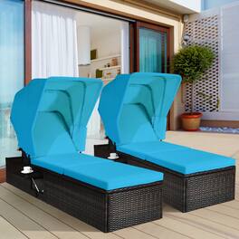 Gymax - 2PCS Rattan Patio Chaise Lounge Chair W/ Adjustable Canopy Turquoise Cushion - Turquoise + Brown