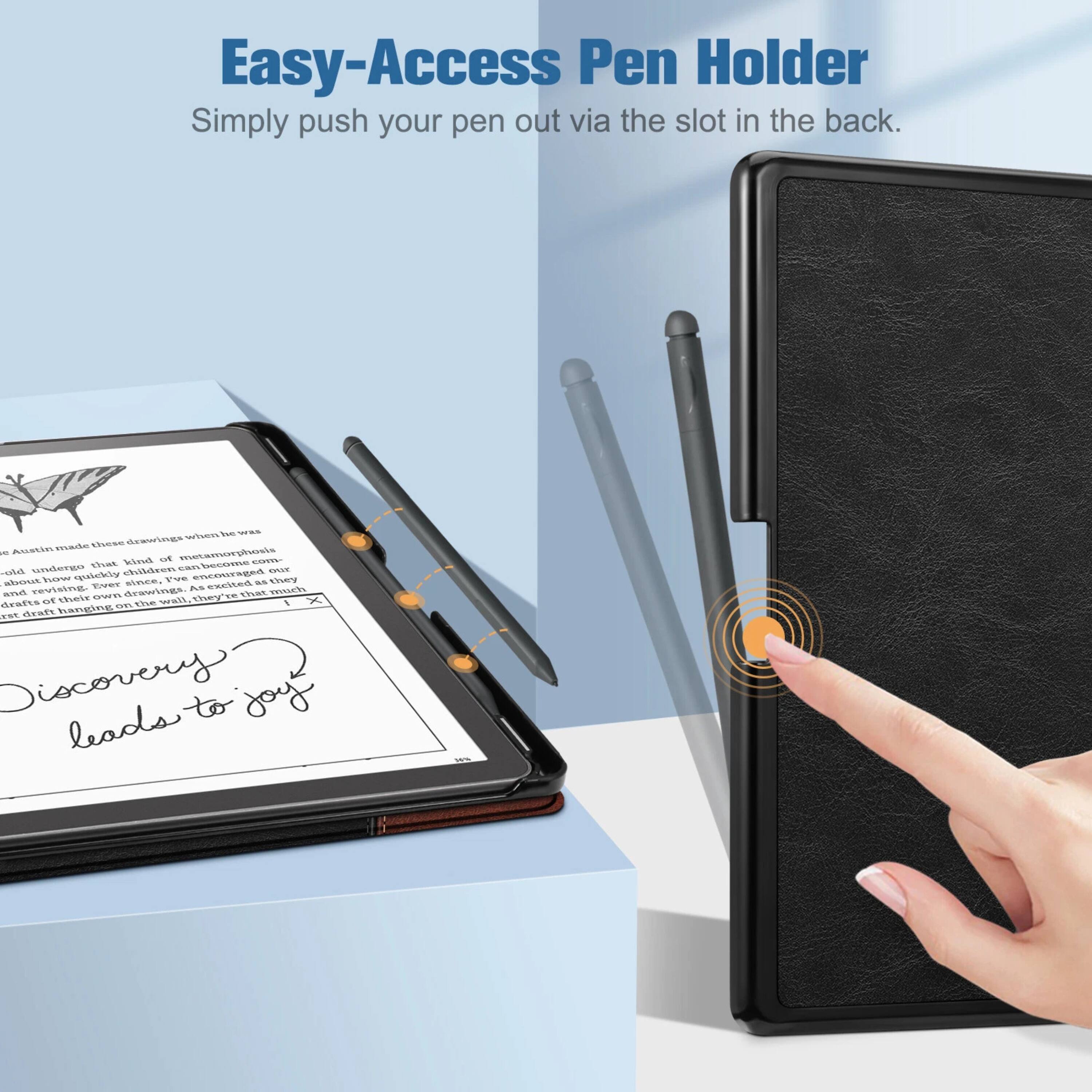 Easy-Access Pen Holder  
Simply push your pen out via the slot in the back.  

Discovery leads to joy