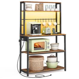 Songmics Home - Coffee Bar with LED Lights, Kitchen Bakers Rack with Power Outlet, Microwave Stand with Adjustable Shelves, 8 Hooks - Rustic Brown and Matte Black