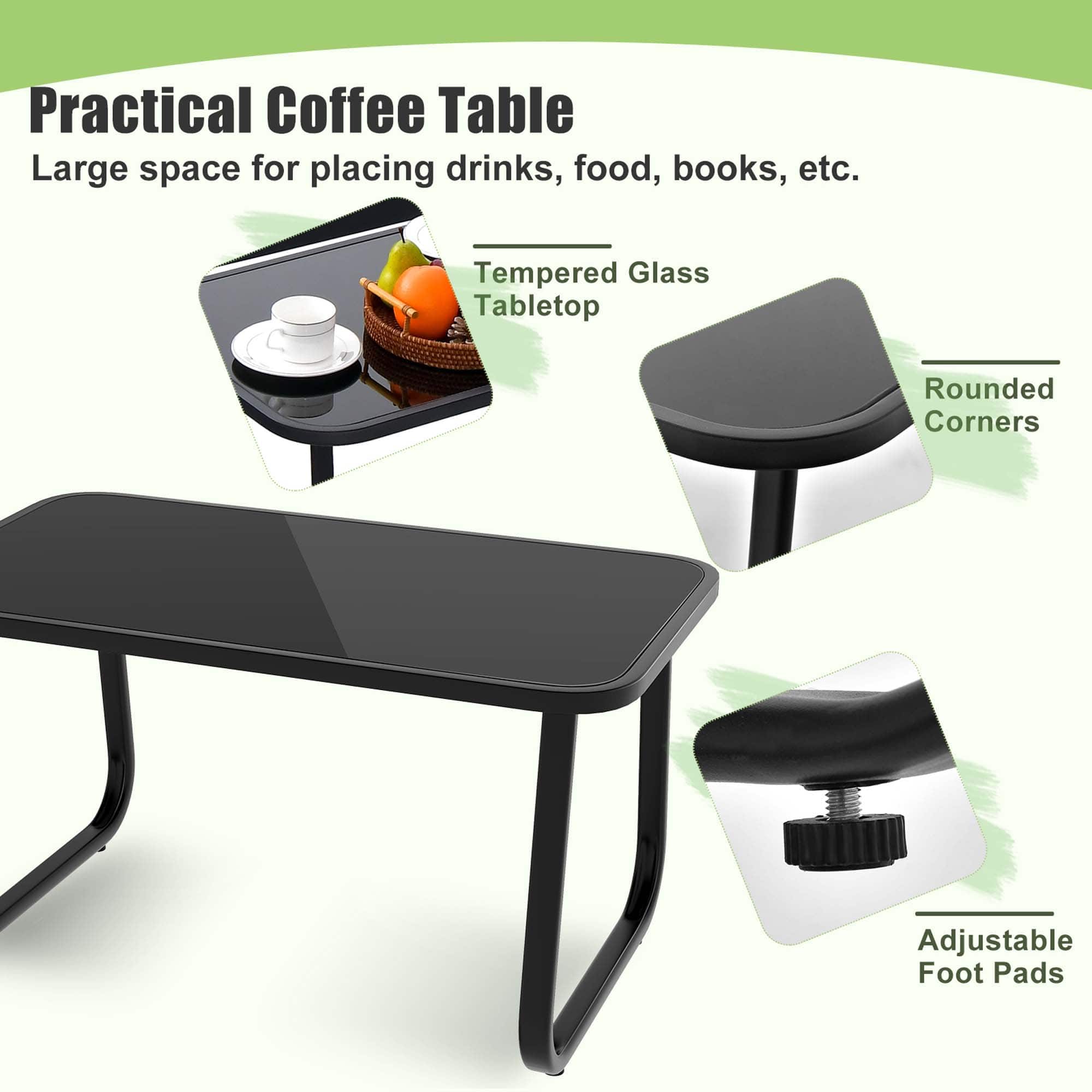 Practical Coffee Table: Large space for placing drinks, food, books, etc. Tempered Glass Tabletop, Rounded Corners, Adjustable Foot Pads.