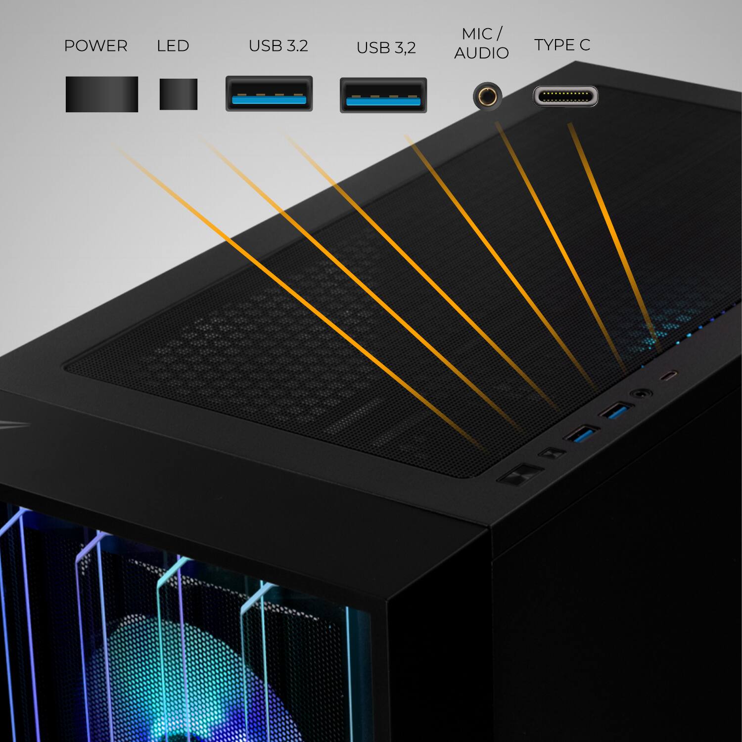 POWER LED USB 3.2 USB 3.2 MIC / AUDIO TYPE C