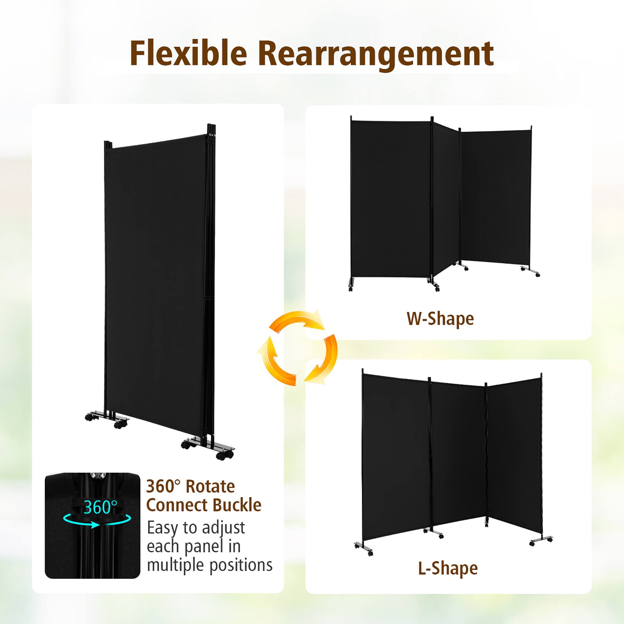 Flexible Rearrangement

W-Shape

300%

360° Rotate Connect Buckle
Easy to adjust each panel in multiple positions

L-Shape