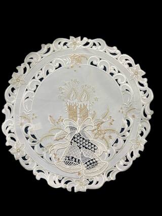 Front. Jiallo - Christmas Candle Beige Lace Embroidered Cutwork Round Placemat, 15-Inch diameter Table Linen - Beige.