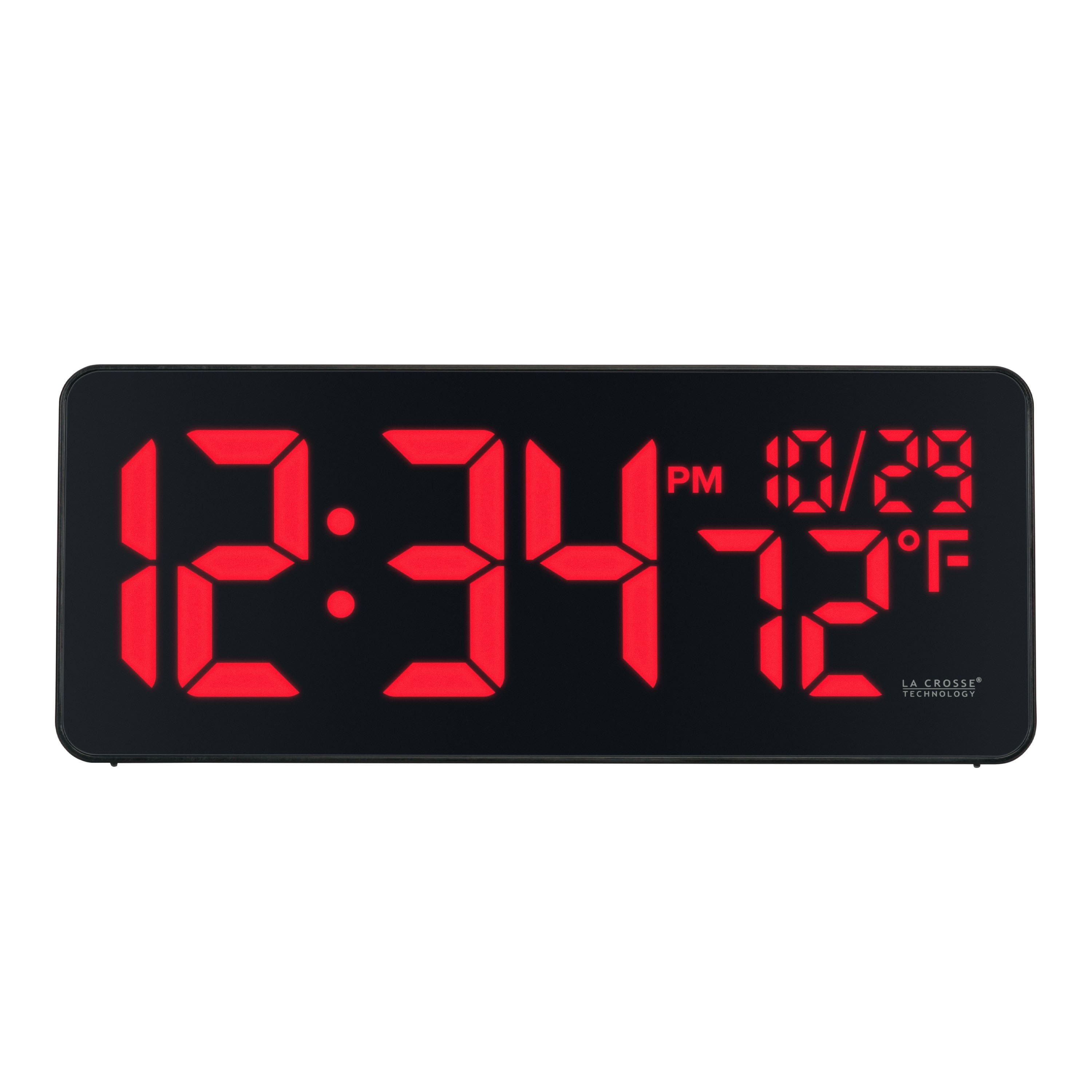 La Crosse Technology - Red Digital LED Wall Clock with Indoor Temperature - Black