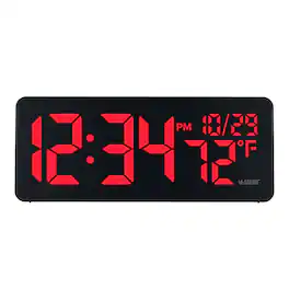 La Crosse Technology - Red Digital LED Wall Clock with Indoor Temperature - Black