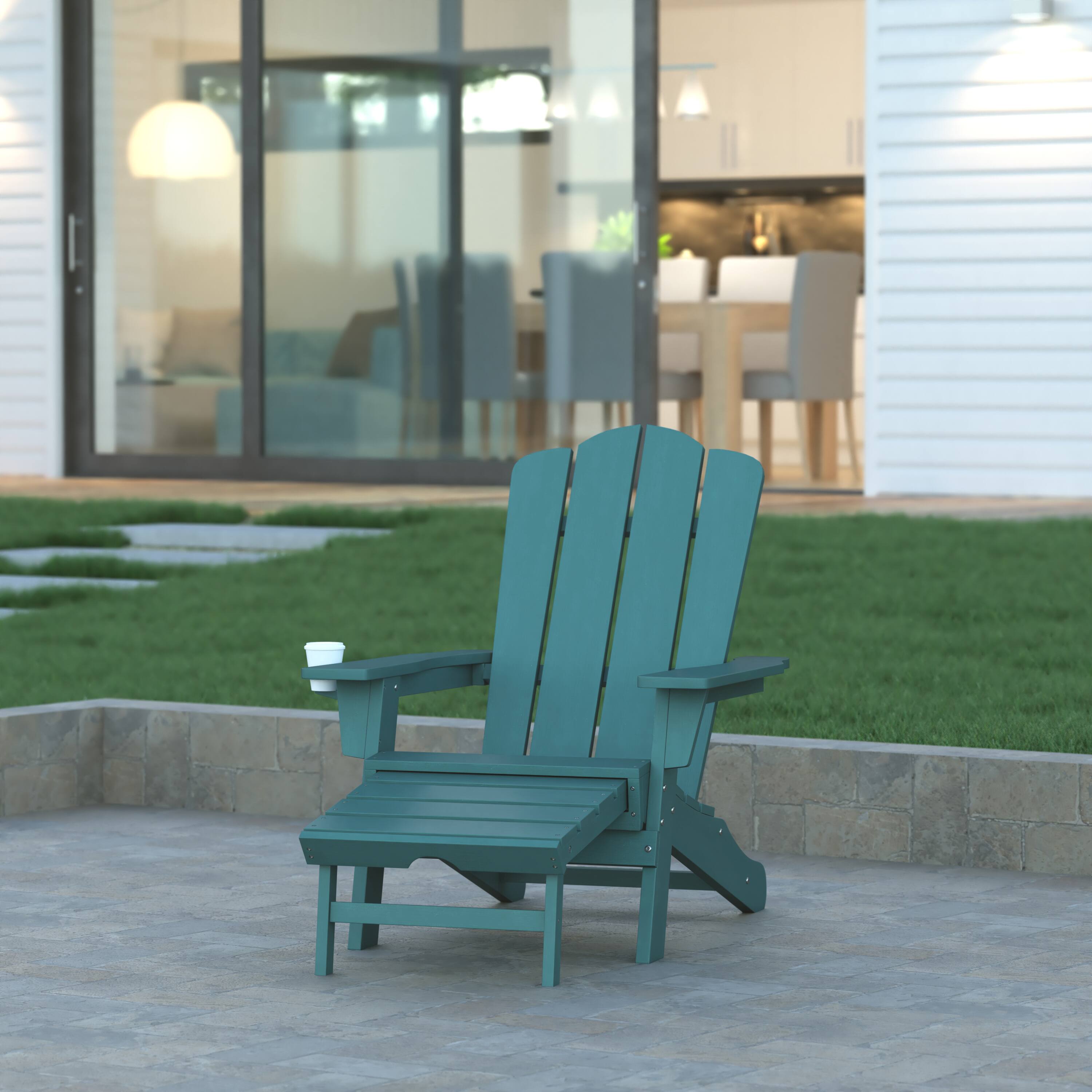 Alt View 1. Emma + Oliver - Tiverton Adirondack Chair with Cup Holder and Pull Out Ottoman, All-Weather HDPE Indoor/Outdoor Lounge Chair - Blue.