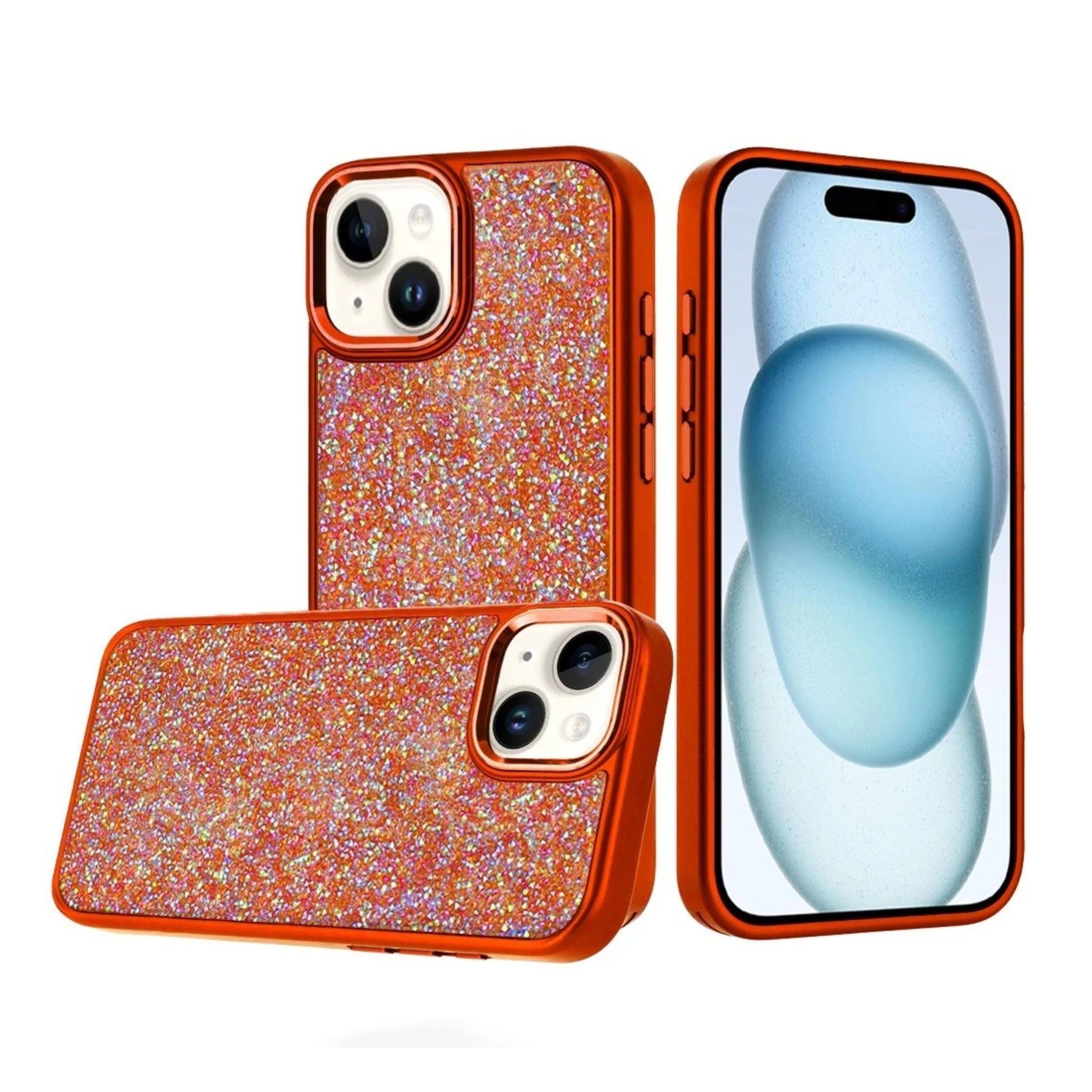 Angle. Kitcheniva - Full Crystal Metallic Buttons Phone Case With 2 Pcs Tempered Glass For iPhone 15 Plus - Cosmic Orange.