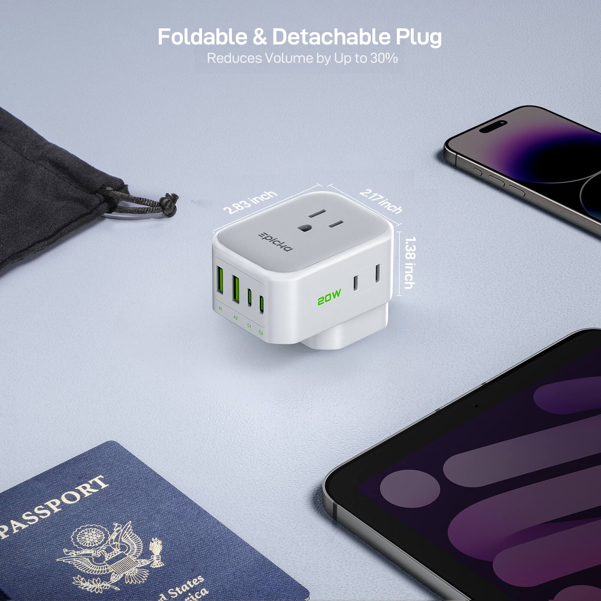 Foldable & Detachable Plug  
Reduces Volume by Up to 30%  

2.83 inch  
2.17 inch  
1.38 inch  

20W  

PASSPORT  
United States of America