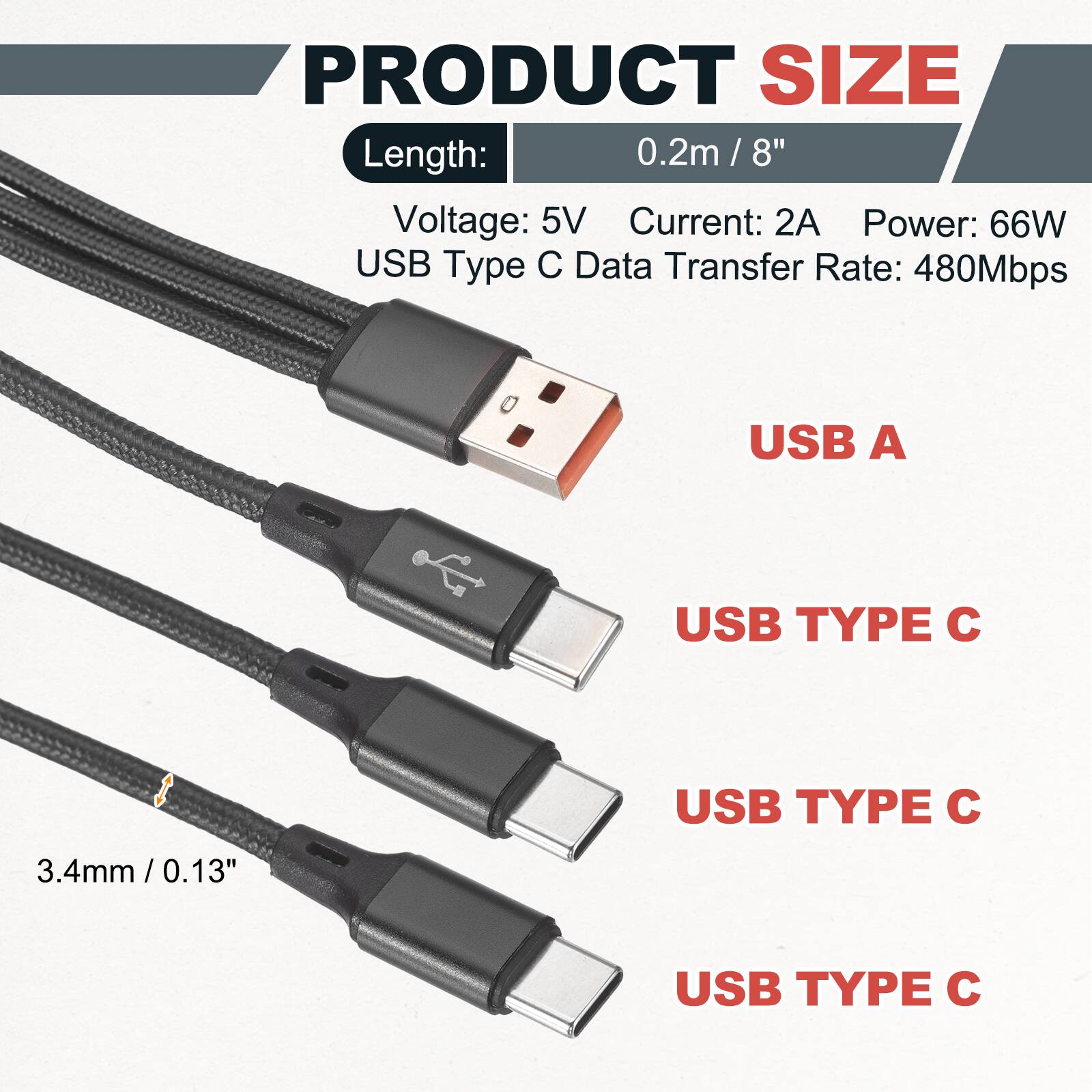 PRODUCT SIZE  
Length: 0.2m/8"  
Voltage: 5V  
Current: 2A  
Power: 66W  
USB Type C Data Transfer Rate: 480Mbps  

USB A  
USB TYPE C  
USB TYPE C  
USB TYPE C  

3.4mm/0.13"