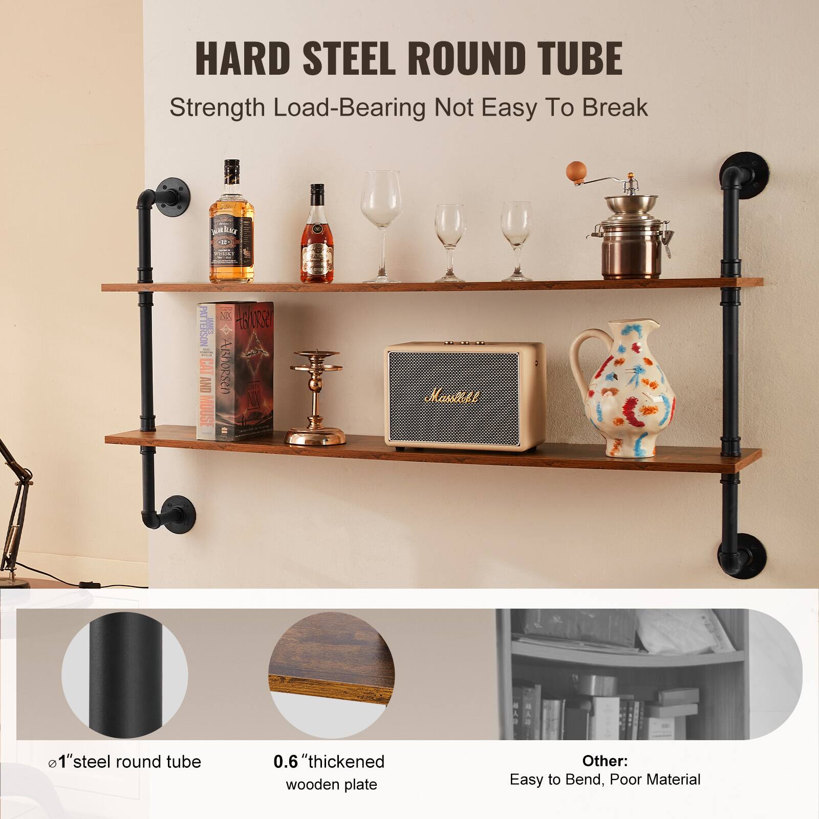HARD STEEL ROUND TUBE  
Strength Load-Bearing Not Easy To Break  

1" steel round tube  
0.6" thickened wooden plate  

Other:  
Easy to Bend, Poor Material